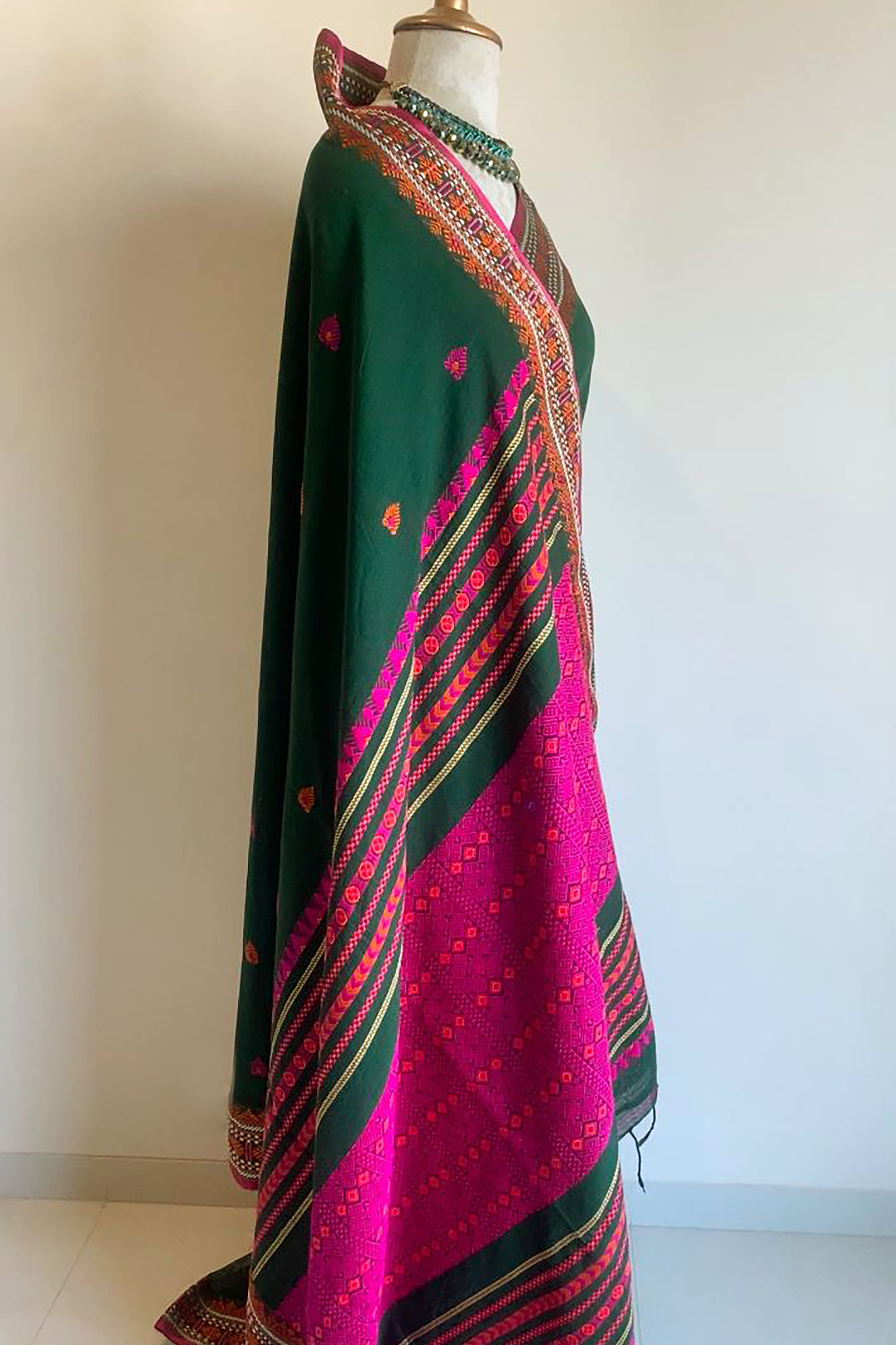 Hridya Jamdani Assam Cotton Saree in Green, White and Magenta Colour
