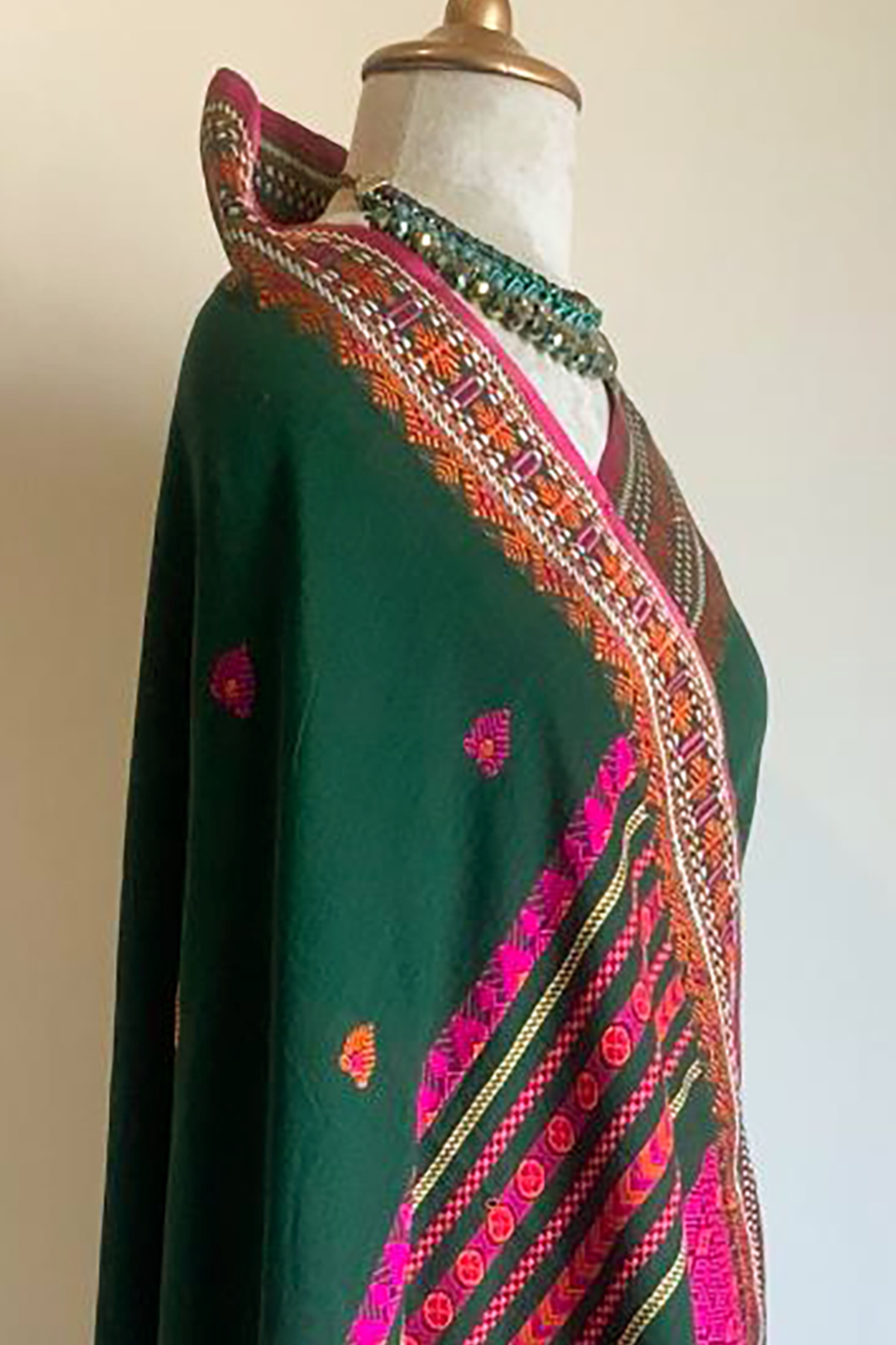 Hridya Jamdani Assam Cotton Saree in Green, White and Magenta Colour