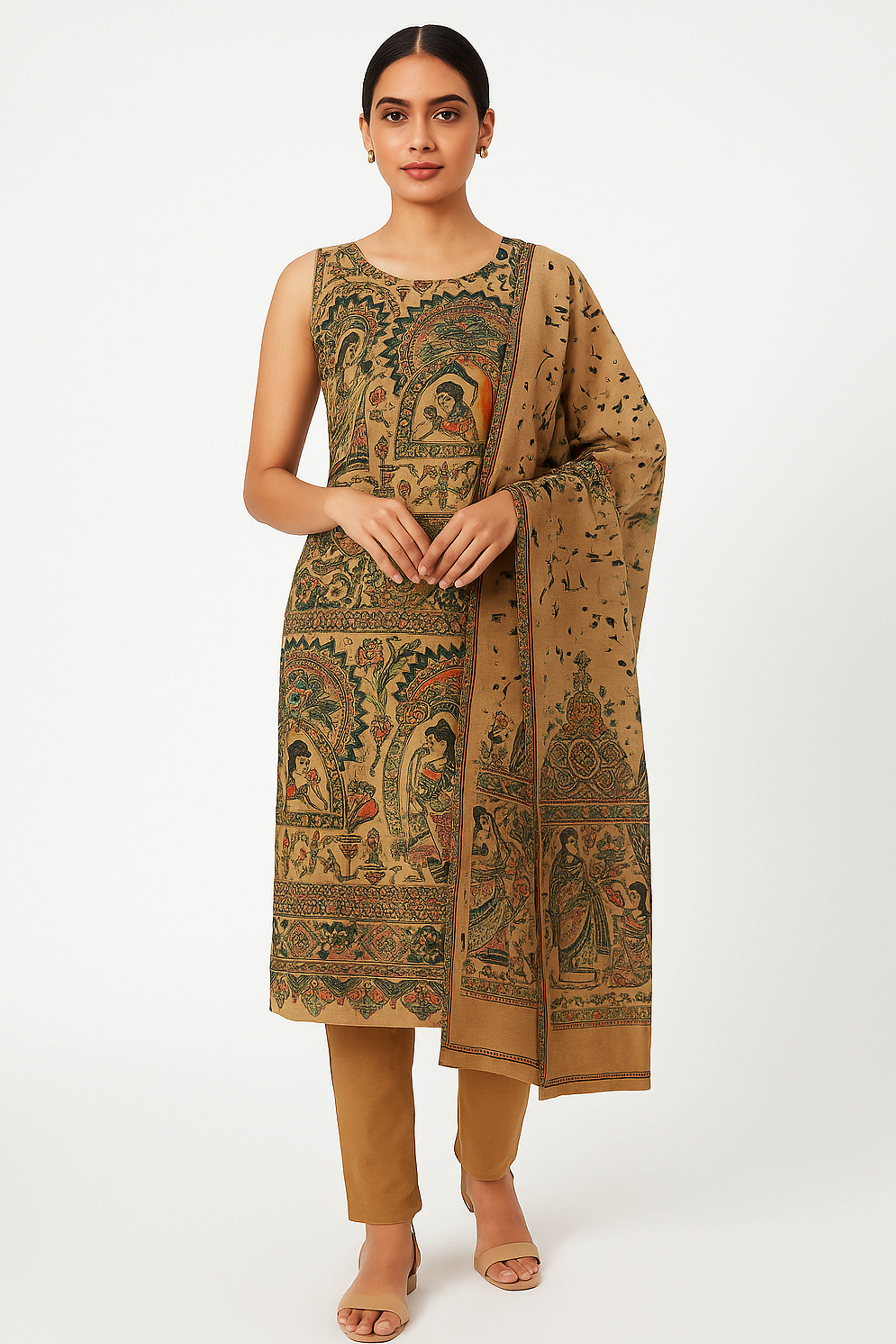 Reva Pure Cotton Silk Unstitched Suit Set, Madhubani Print in Vibrant Shades of Green, Orange & Black Colour - Indian Handloomz