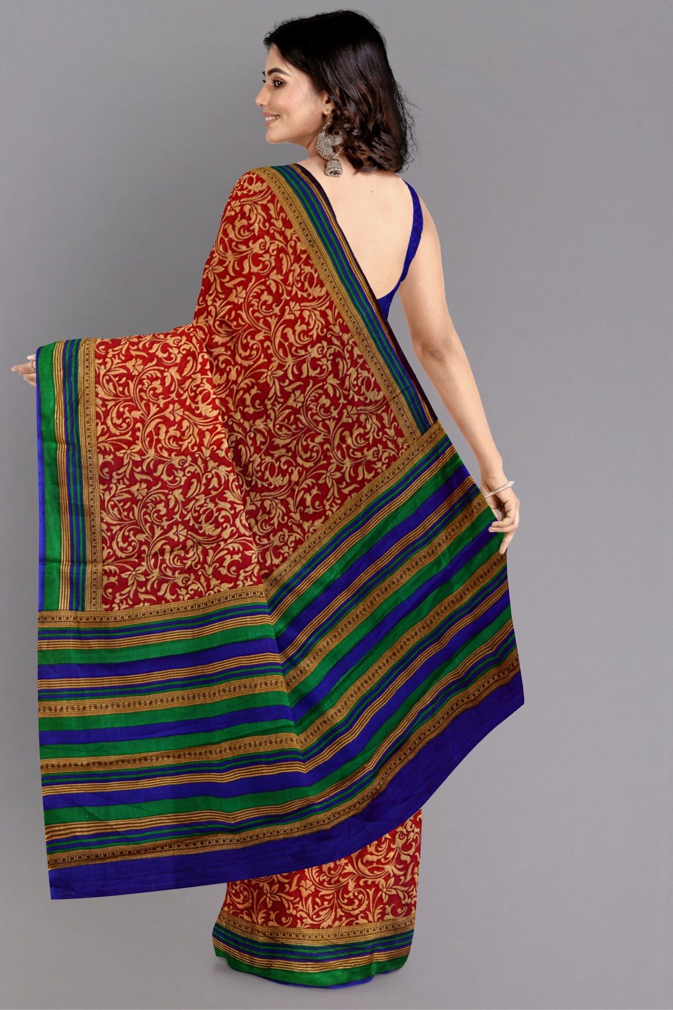 Rima Blended Silk Saree in Classic Red with Golden Yellow Floral Digital Print - Indian Handloomz