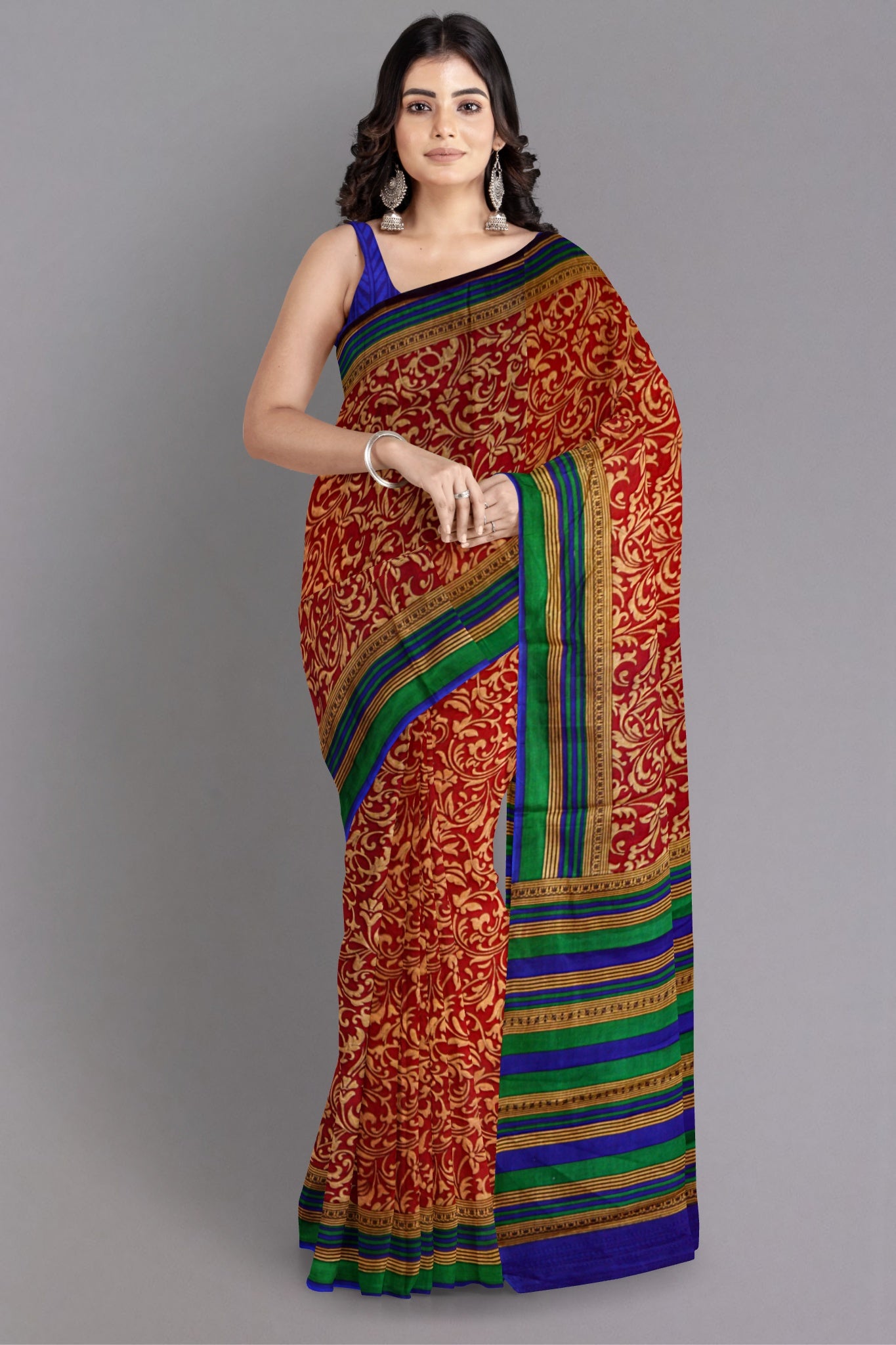 Rima Blended Silk Saree in Classic Red with Golden Yellow Floral Digital Print - Indian Handloomz