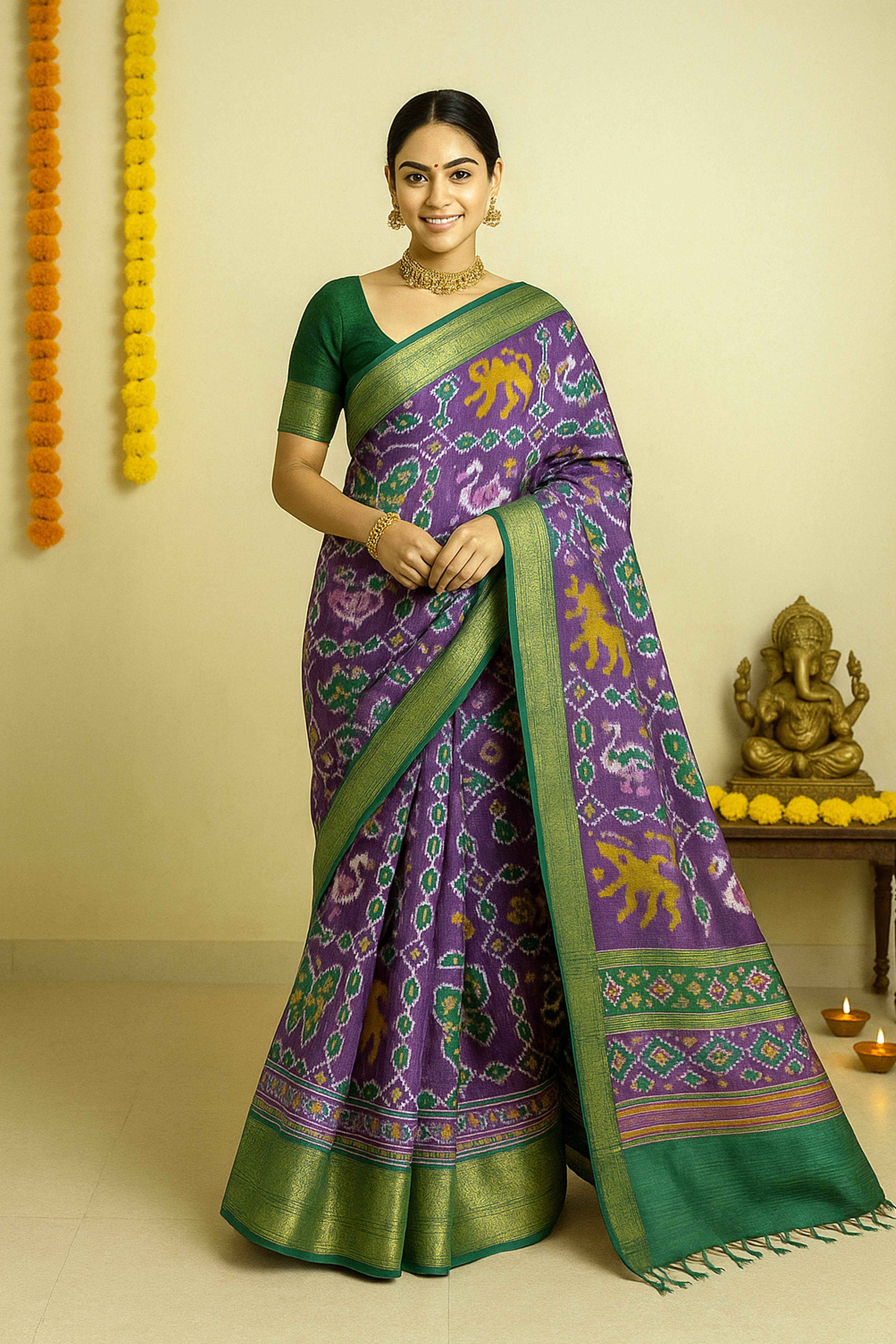 Anindita Patola Saree in Dual Tones of Purple & Gold - Indian Handloomz