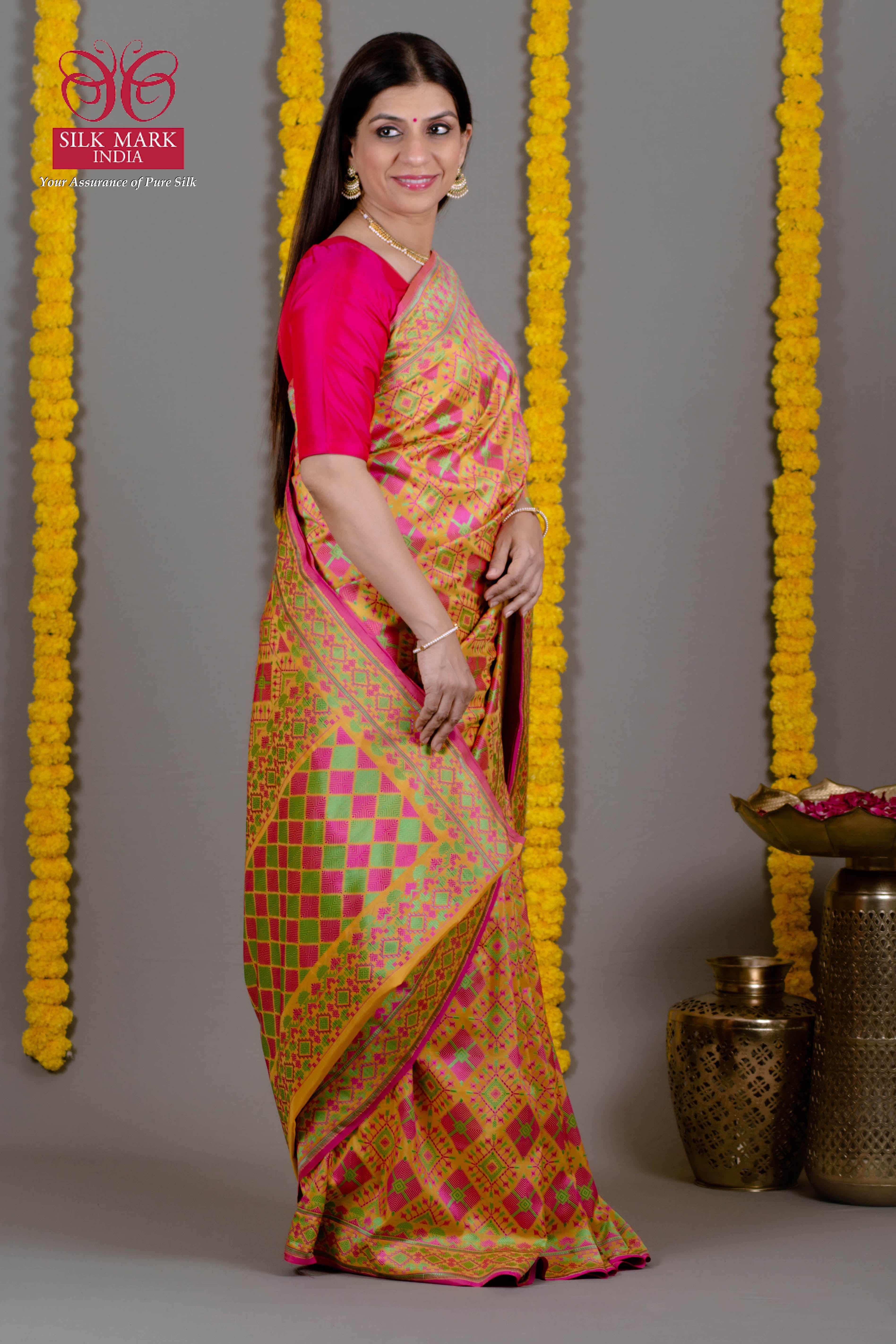 Taija Pure Soft Satin Silk Saree with Patola Weaves in Bright Yellow & Dark Pink - Indian Handloomz