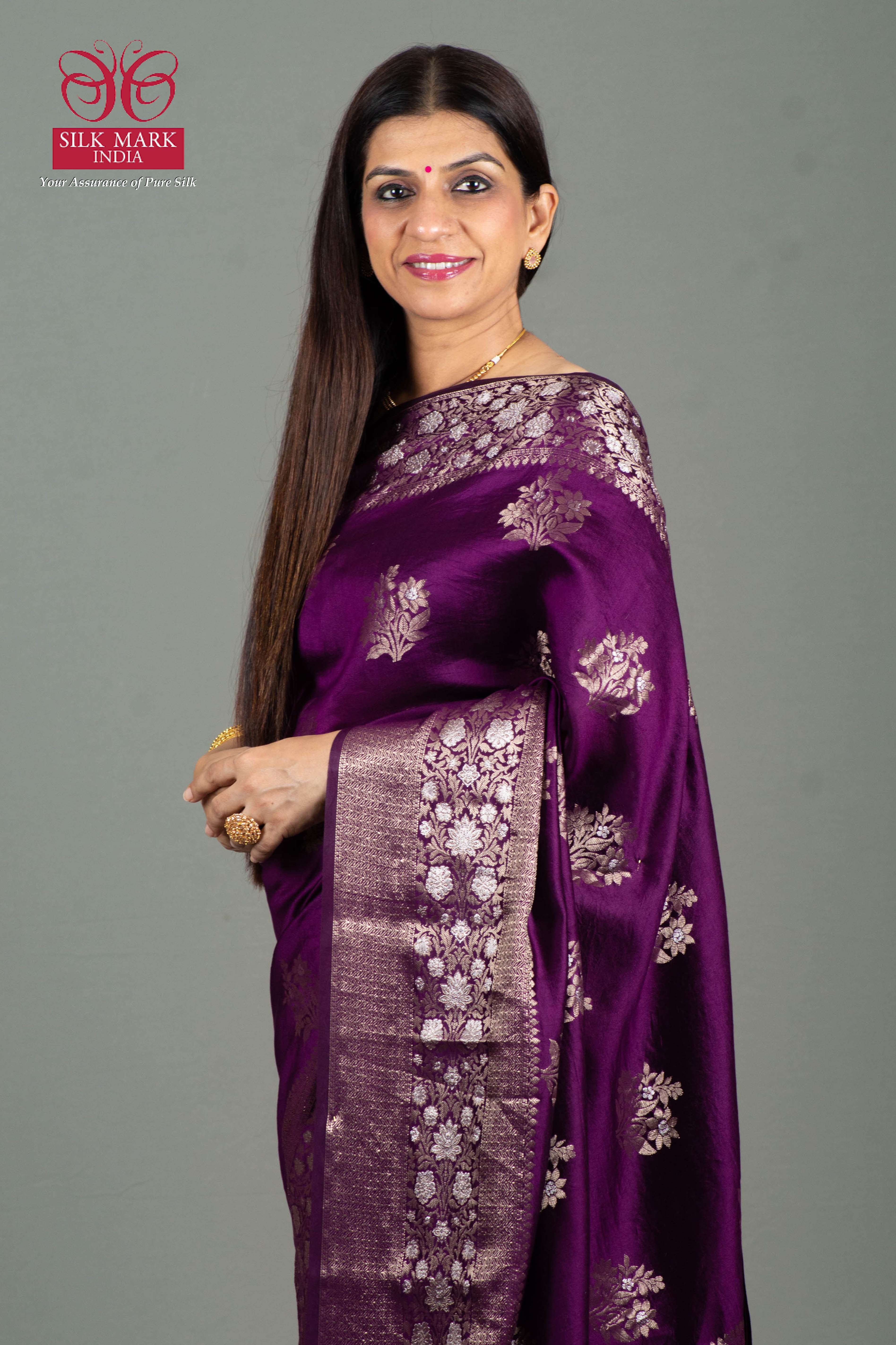 Mithya Pure Banarasi Katan Silk Saree in Aubergine with Sona Rupa Zari Weave - Indian Handloomz