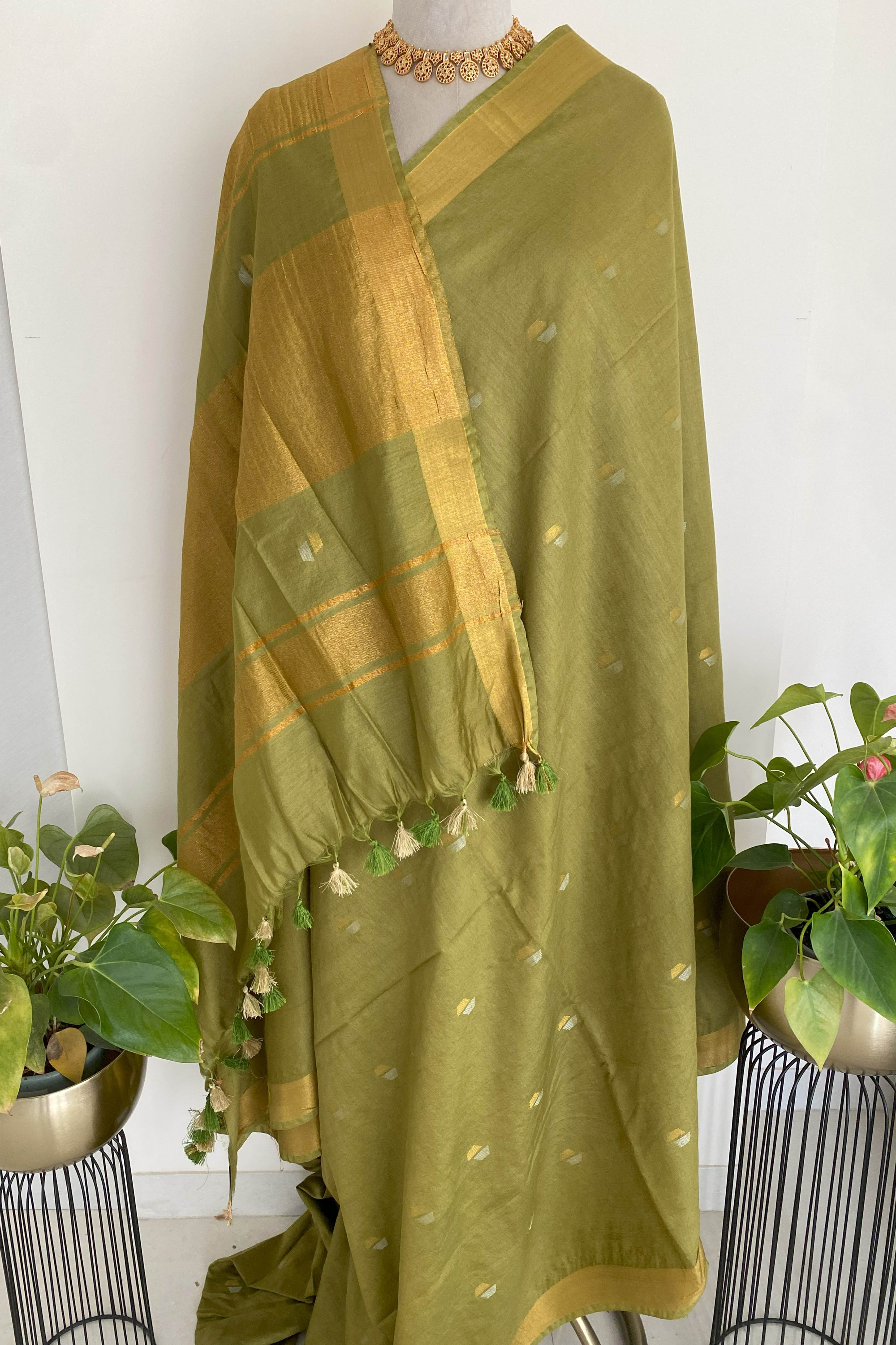 Banarasi Cotton Silk Saree in Mint Green Colour - Indian Handloomz