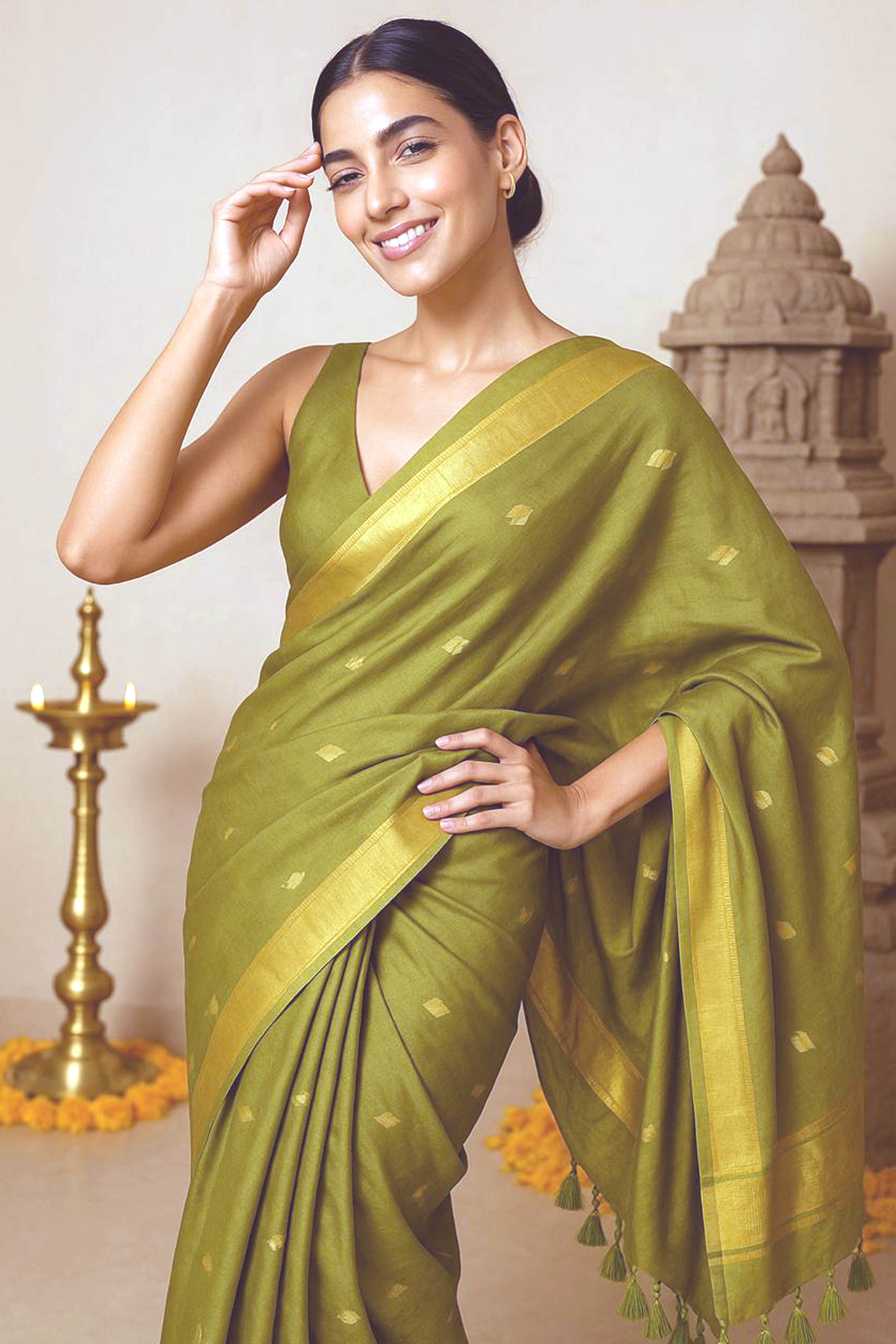 Banarasi Cotton Silk Saree in Mint Green Colour - Indian Handloomz