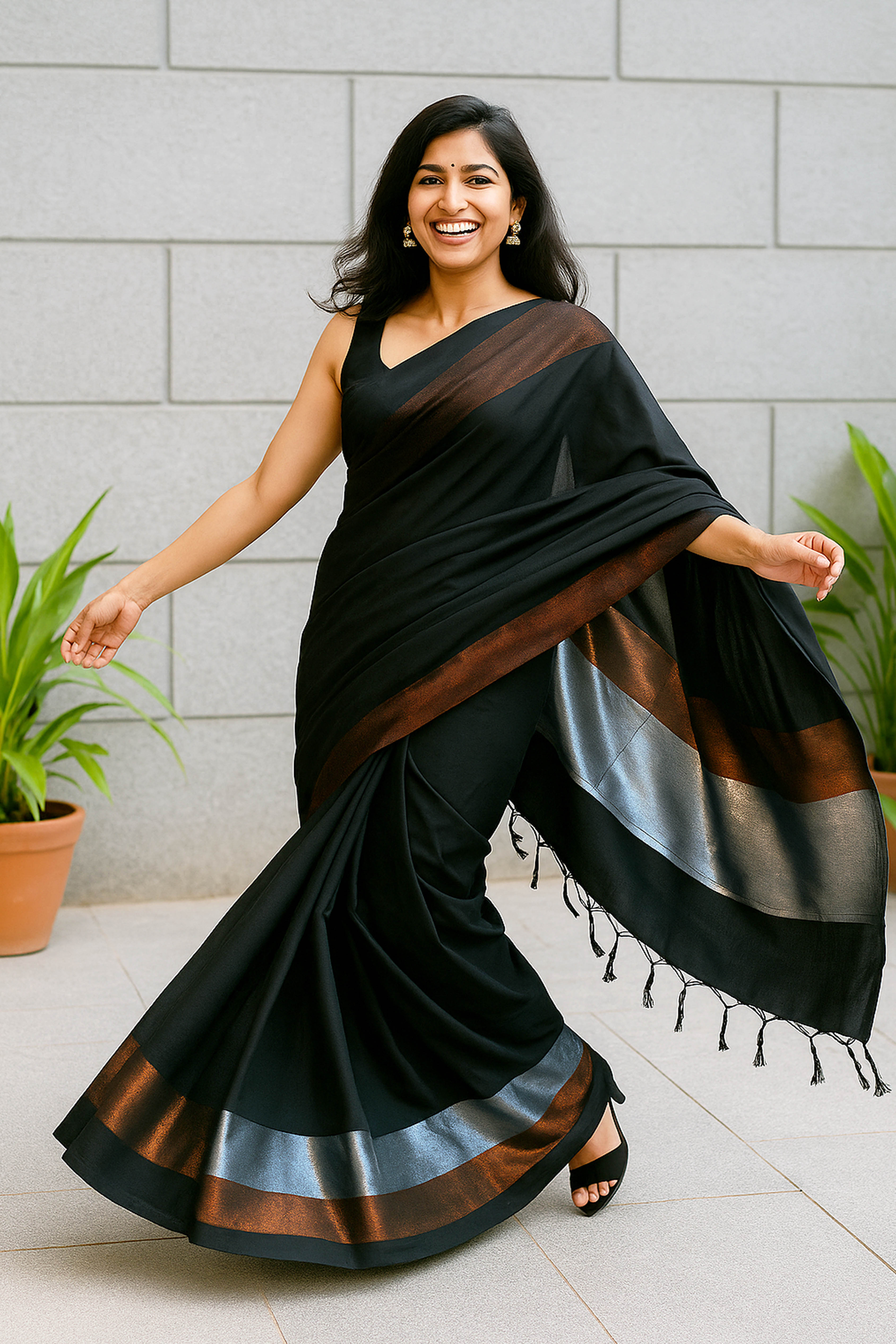 Black Cotton Saree with Zari Pallu - Indian Handloomz