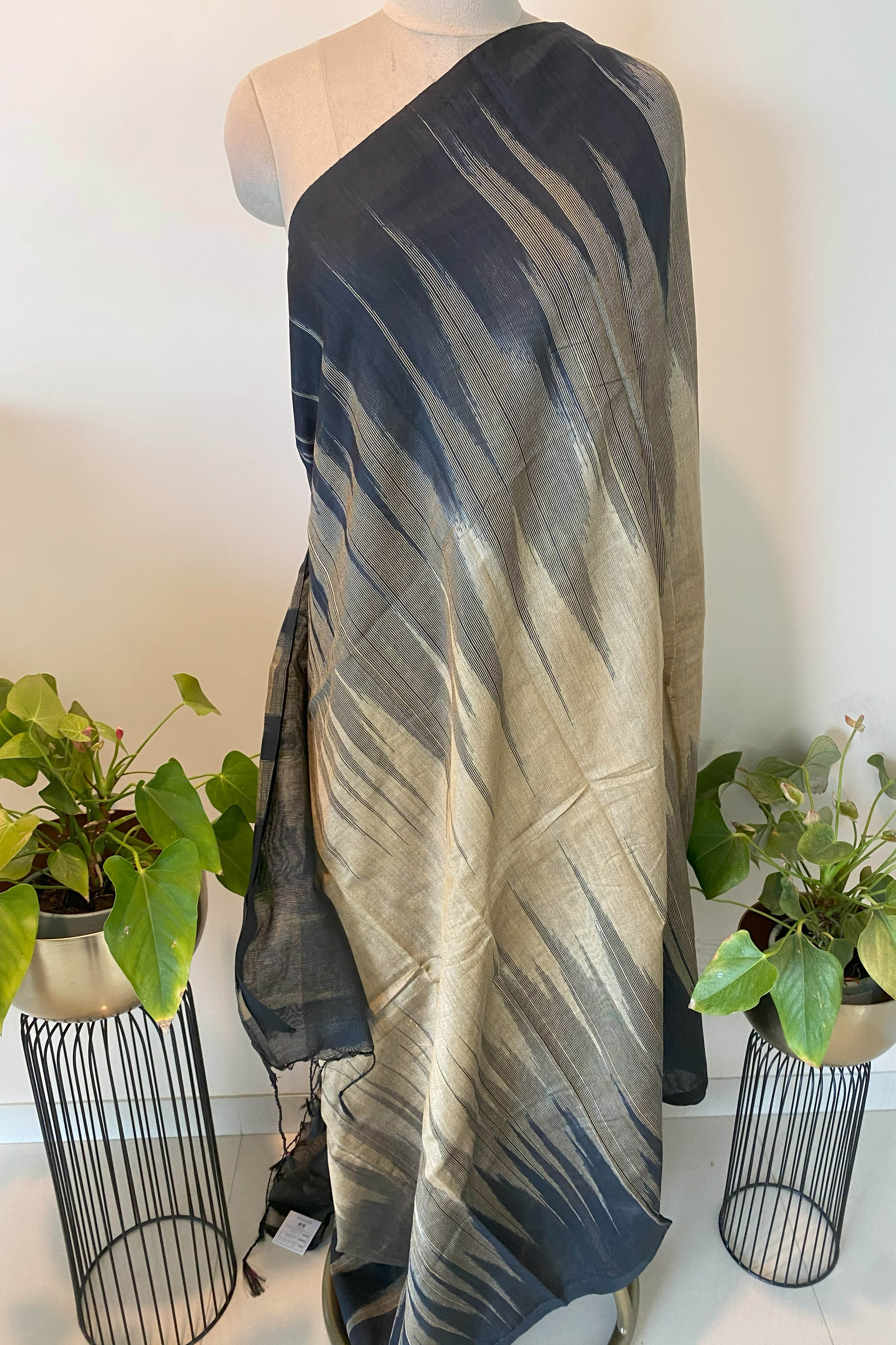 Black & Sand Colour Cotton Ikkat Saree - Indian Handloomz