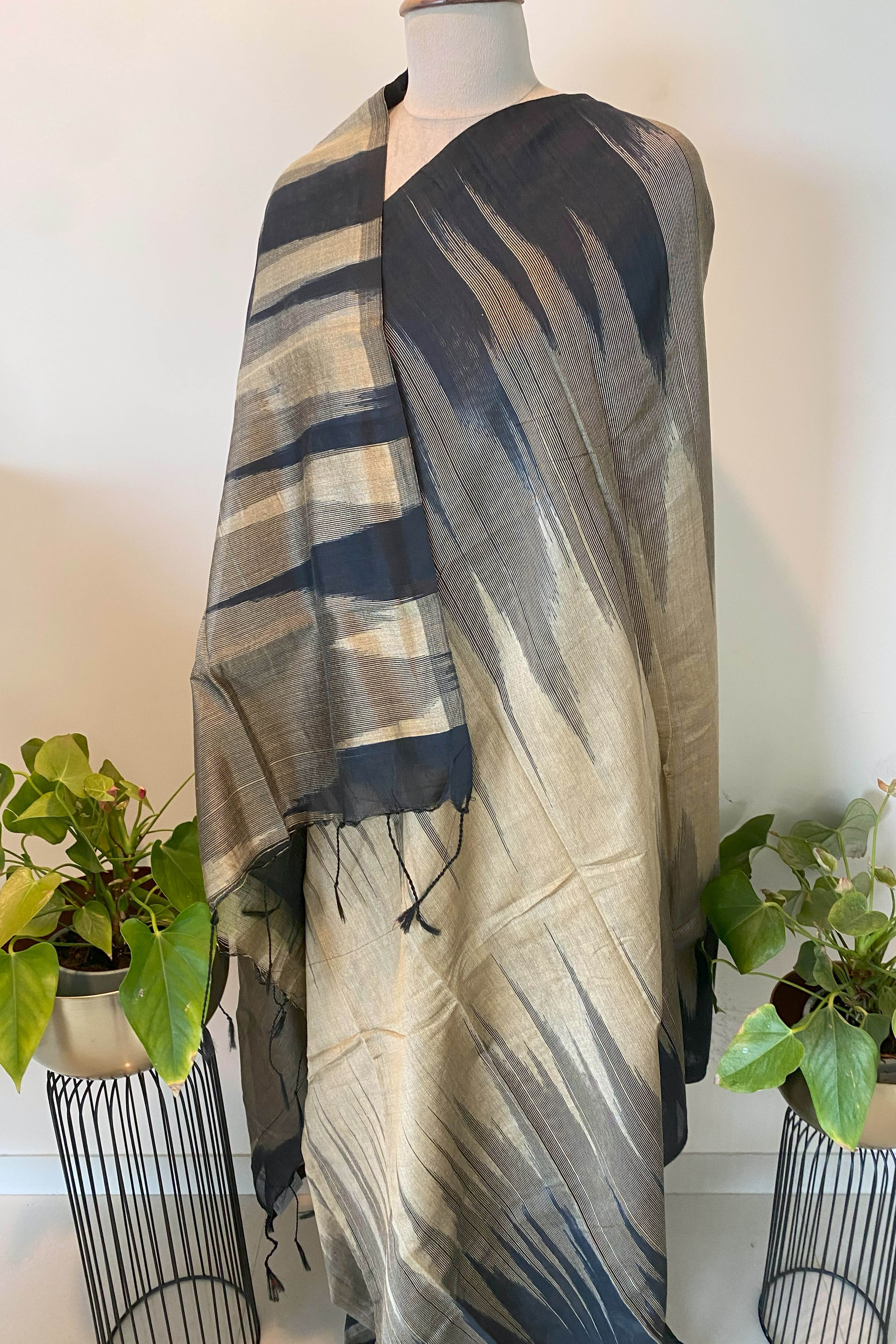 Black & Sand Colour Cotton Ikkat Saree - Indian Handloomz