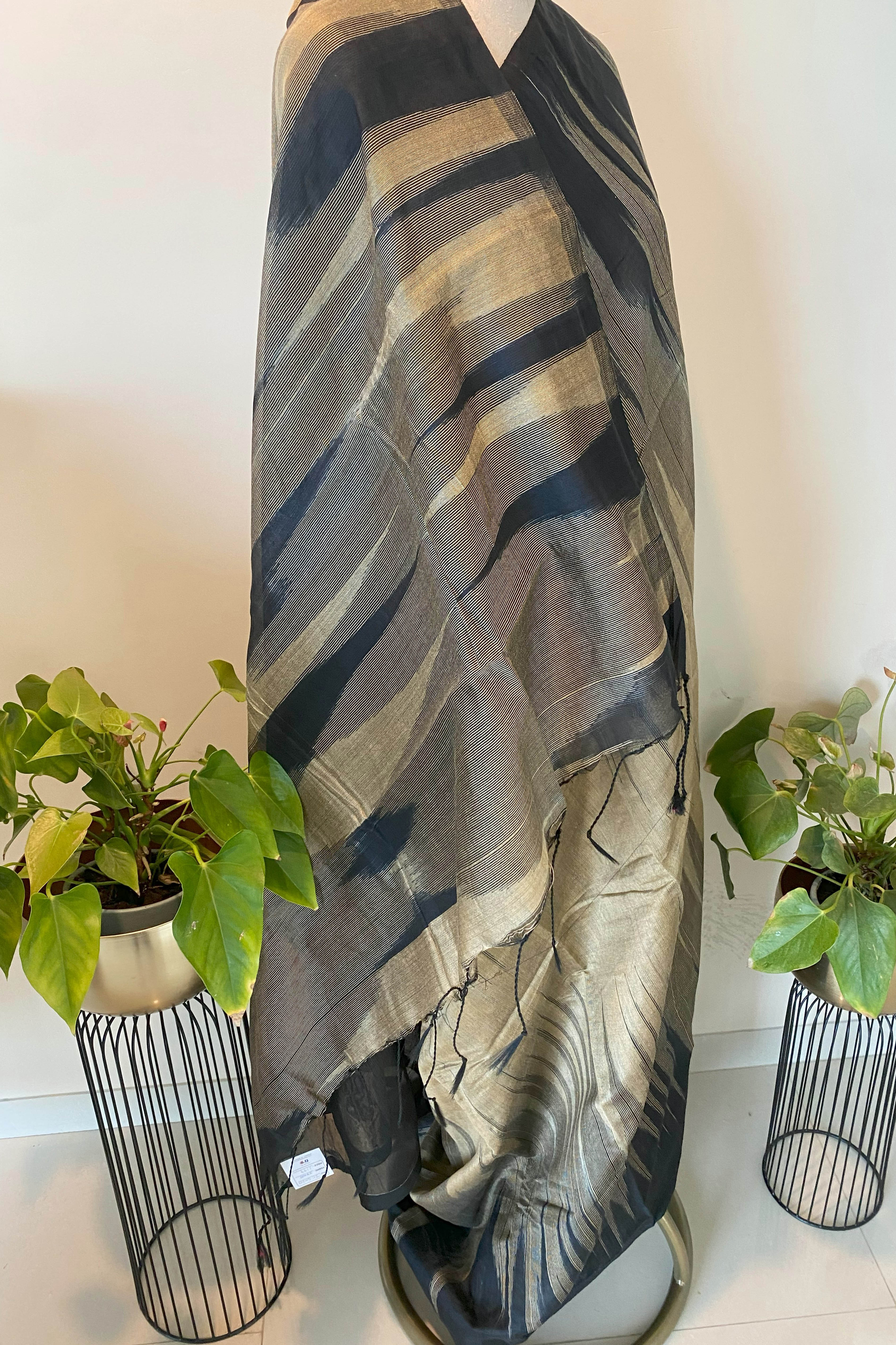 Black & Sand Colour Cotton Ikkat Saree - Indian Handloomz