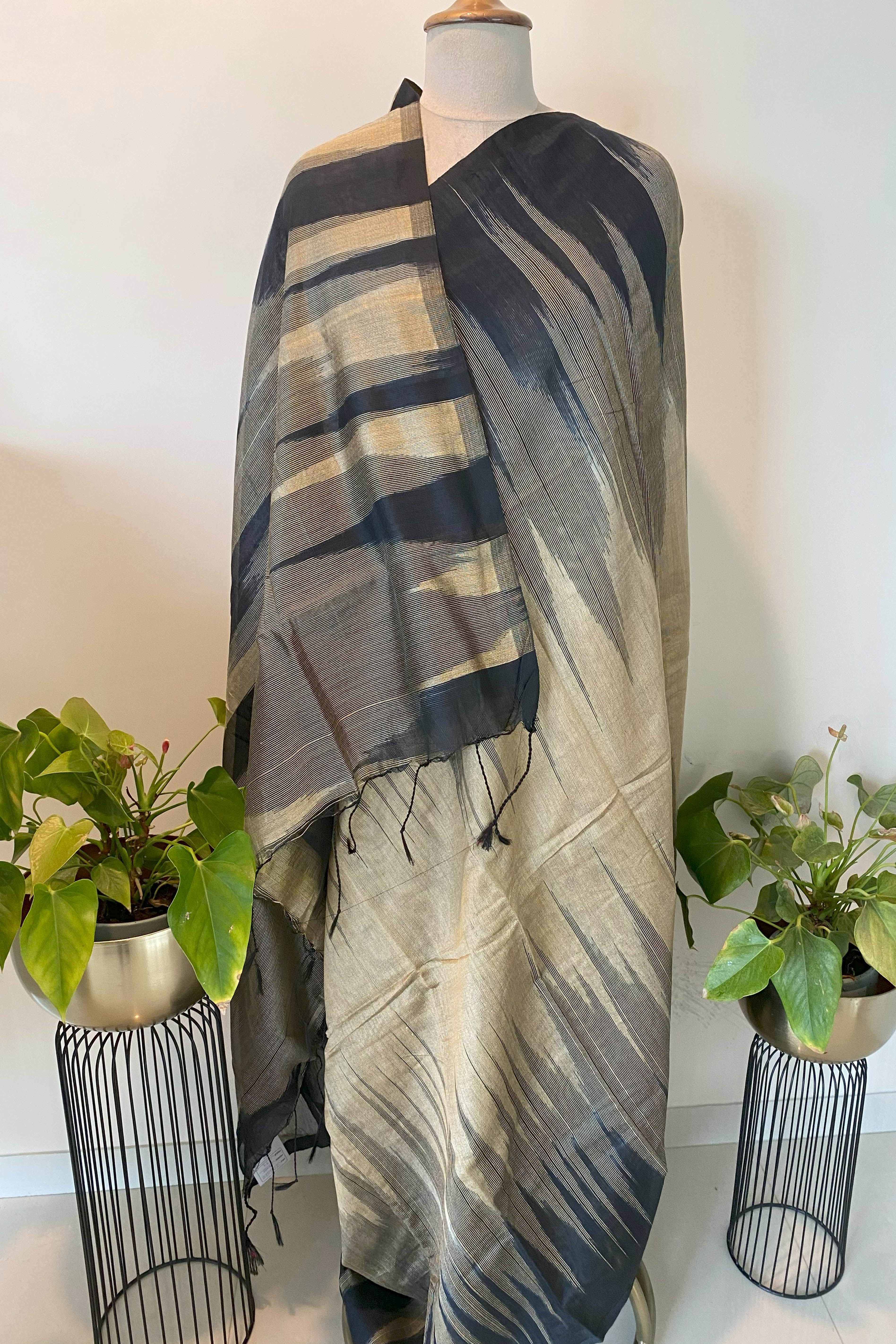Black & Sand Colour Cotton Ikkat Saree - Indian Handloomz
