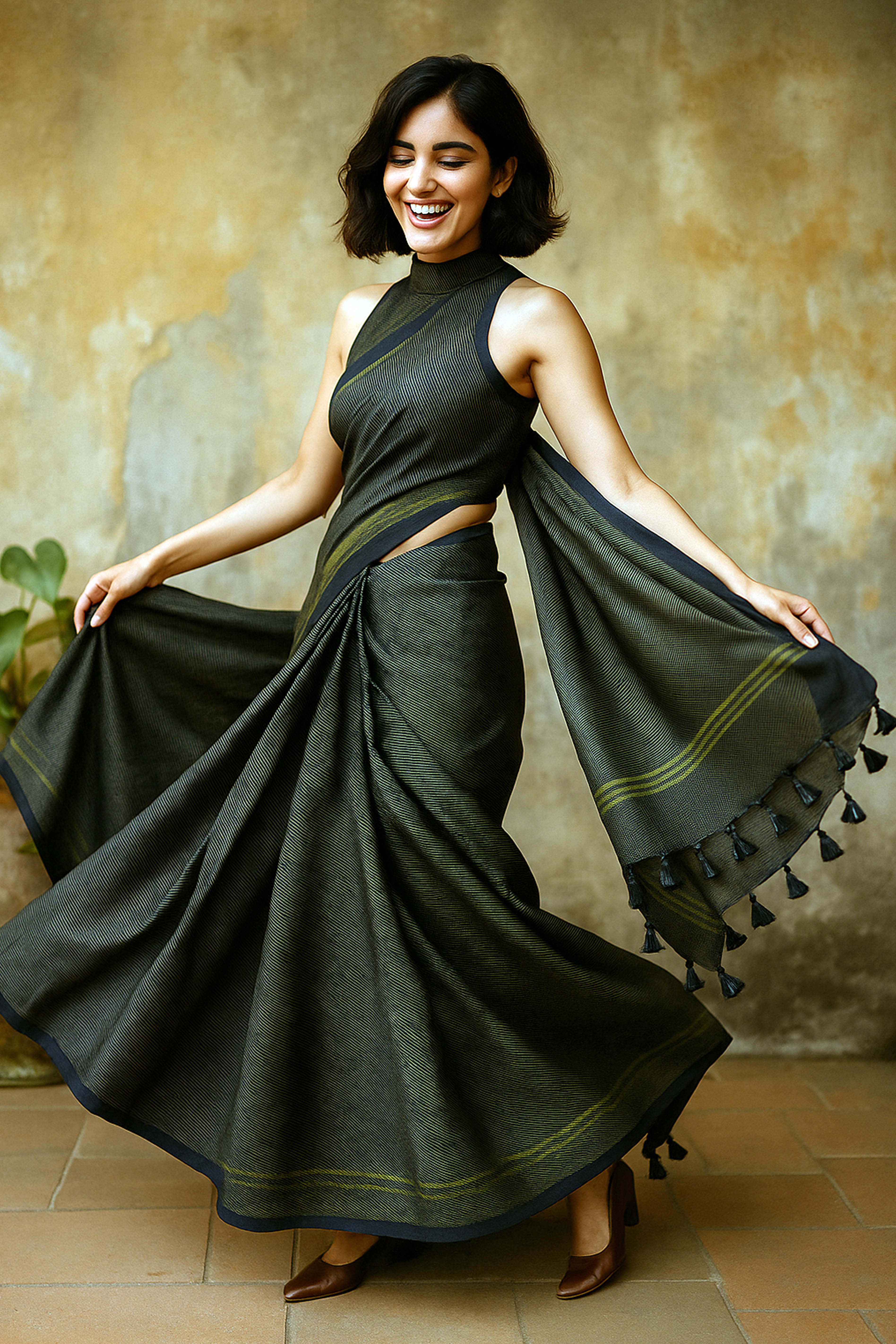 Black Saree with Golden Zari Lines in Pure Cotton - Indian Handloomz