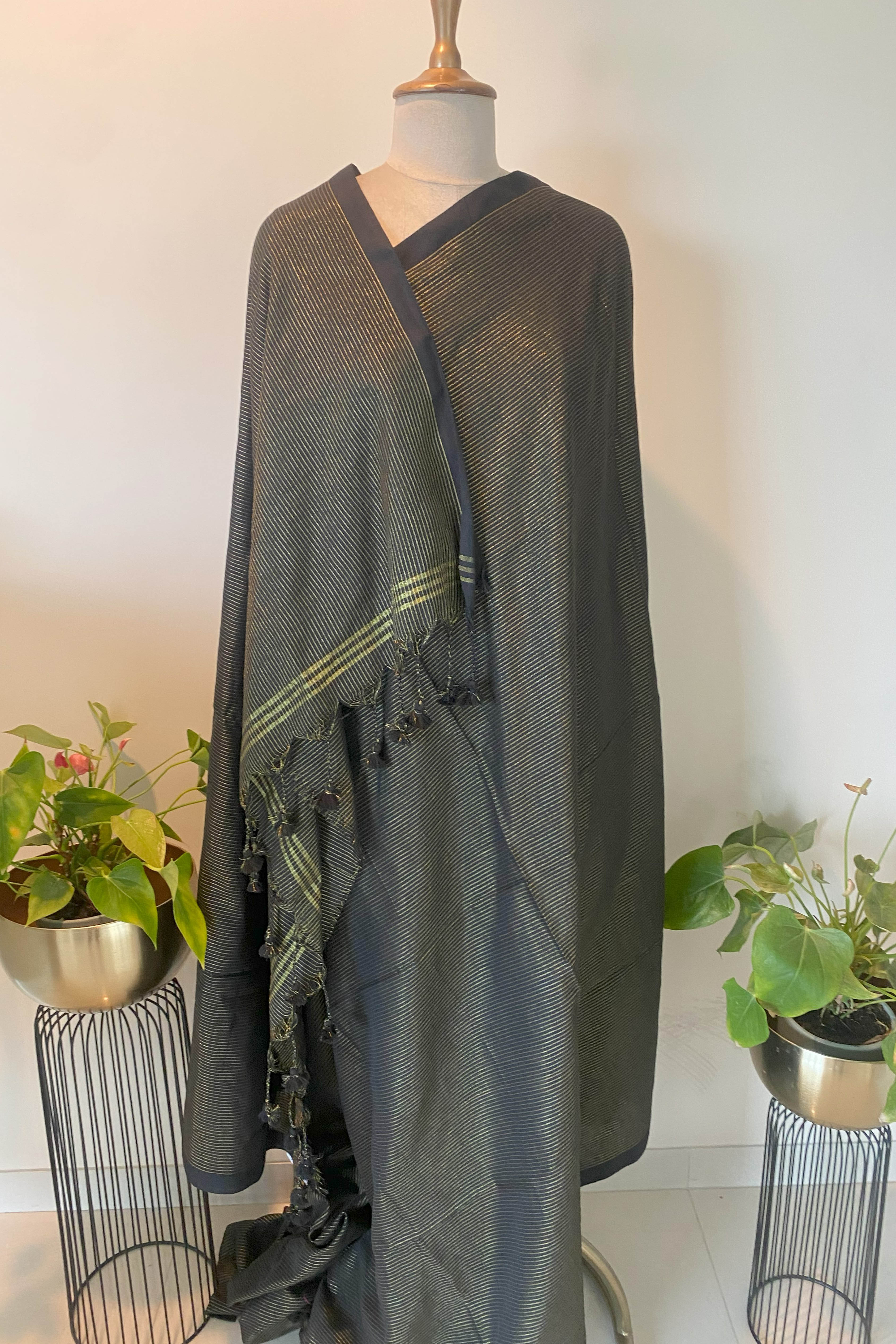 Black Saree with Golden Zari Lines in Pure Cotton - Indian Handloomz