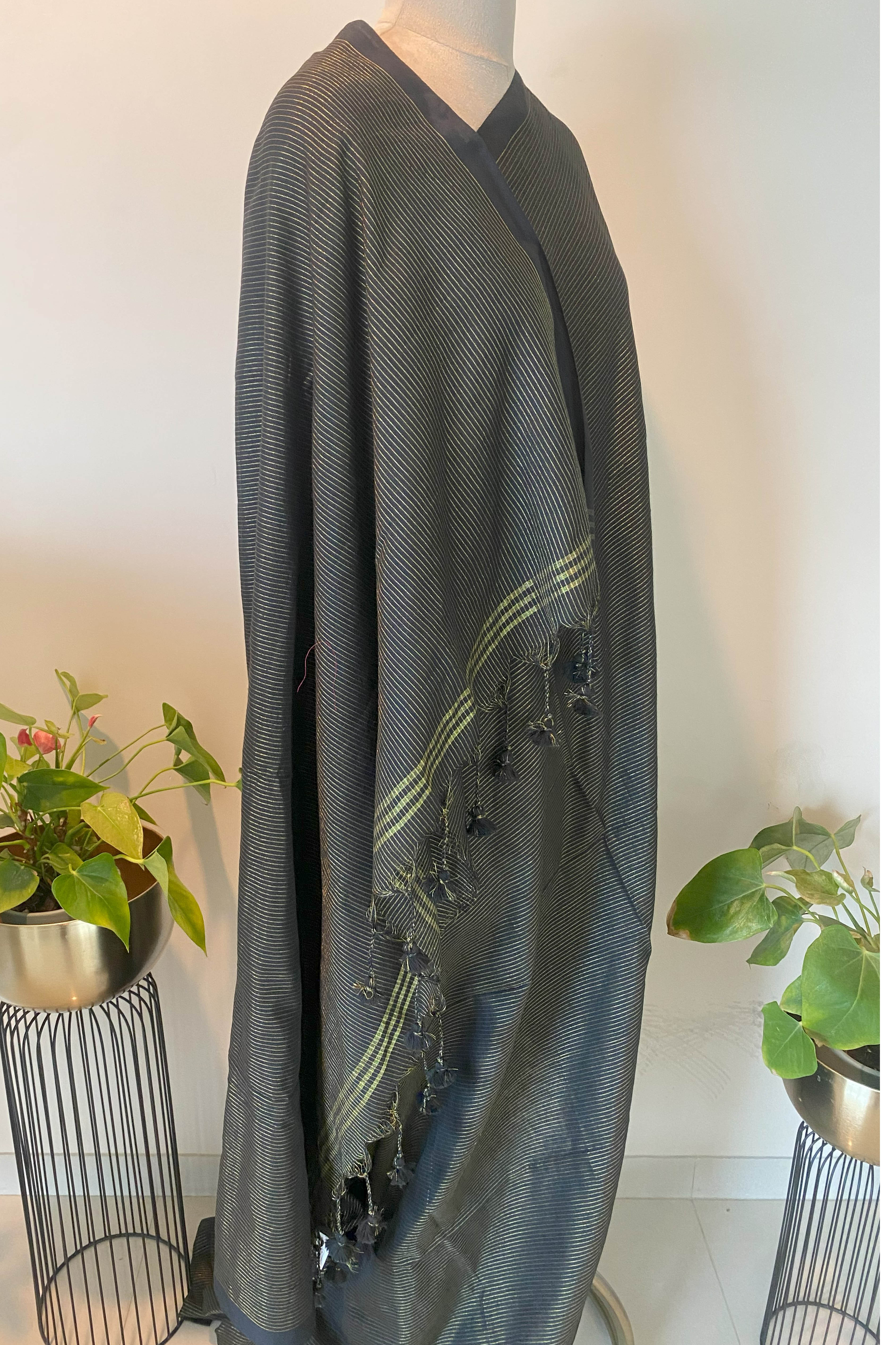 Black Saree with Golden Zari Lines in Pure Cotton - Indian Handloomz