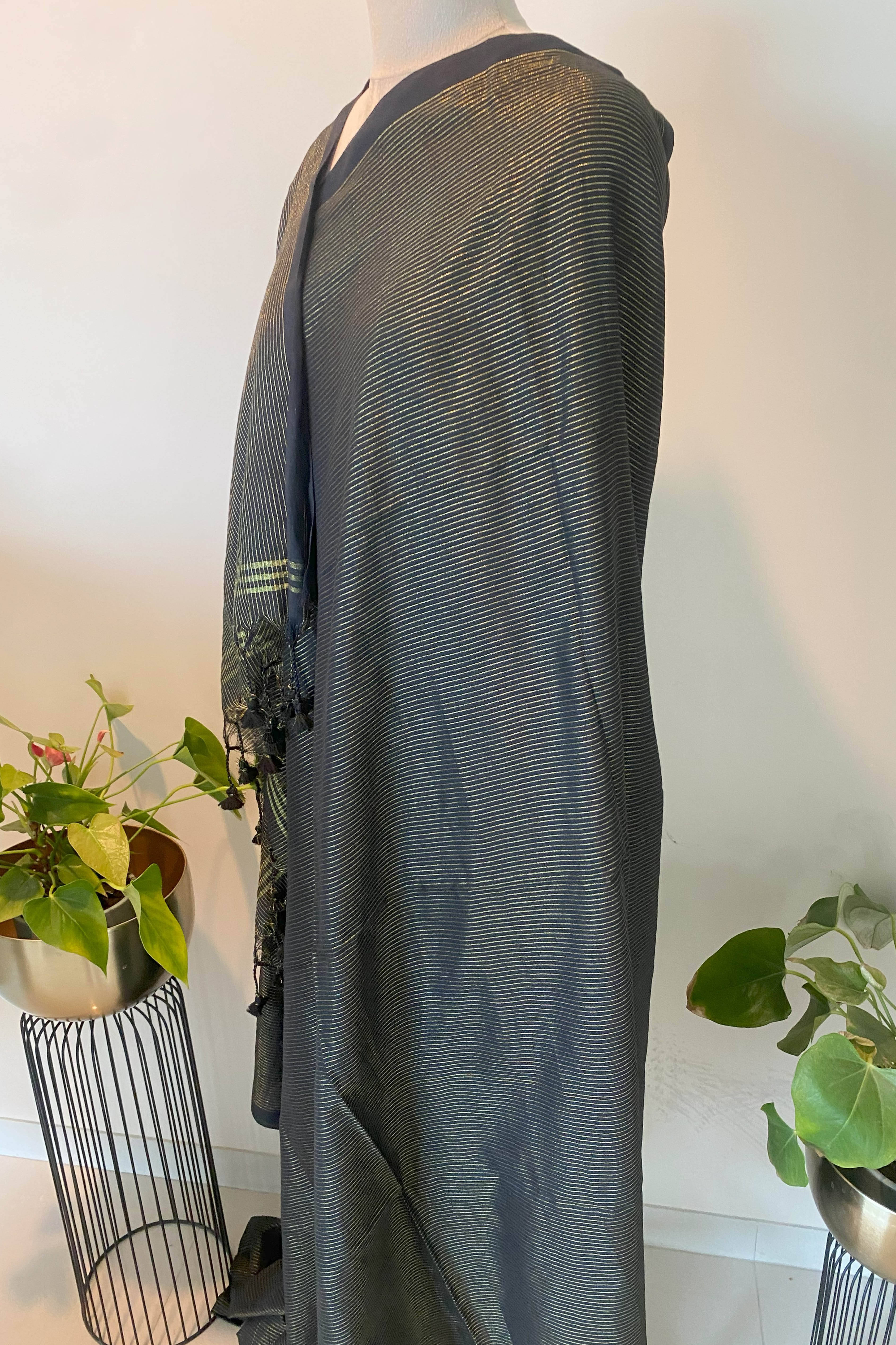 Black Saree with Golden Zari Lines in Pure Cotton - Indian Handloomz