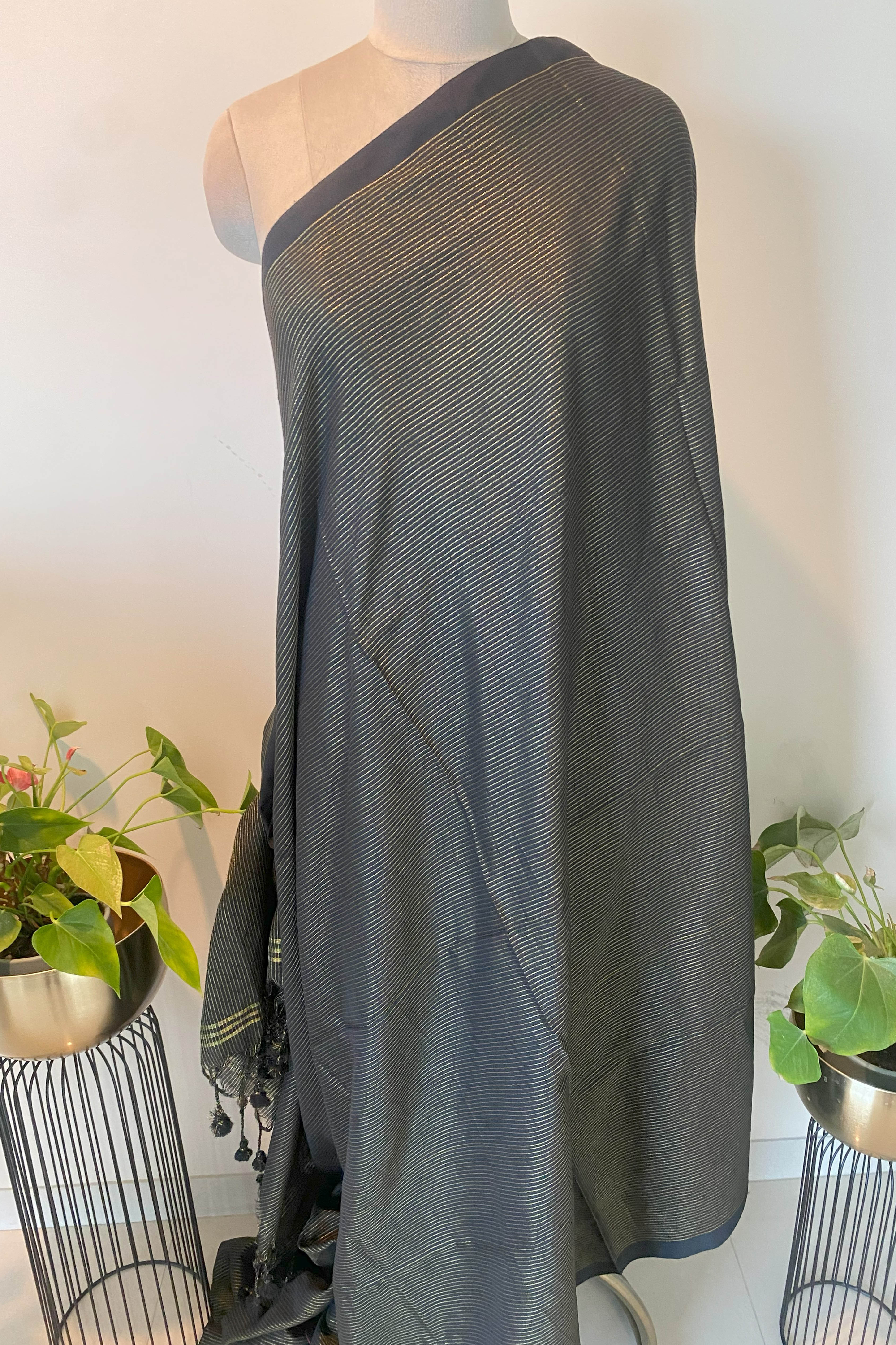 Black Saree with Golden Zari Lines in Pure Cotton - Indian Handloomz
