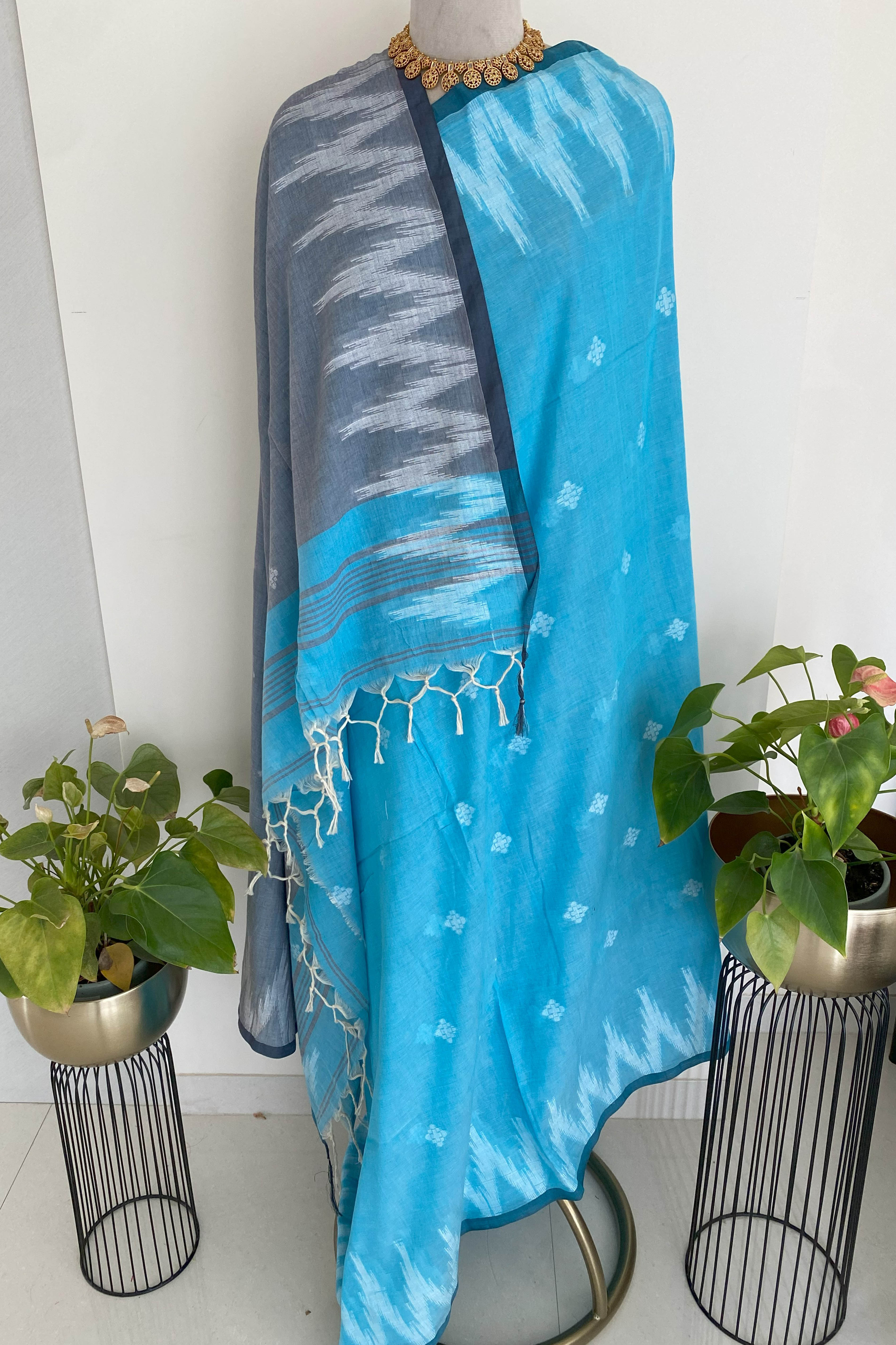 Blue & Grey Jamdani Pure Cotton Saree - Indian Handloomz