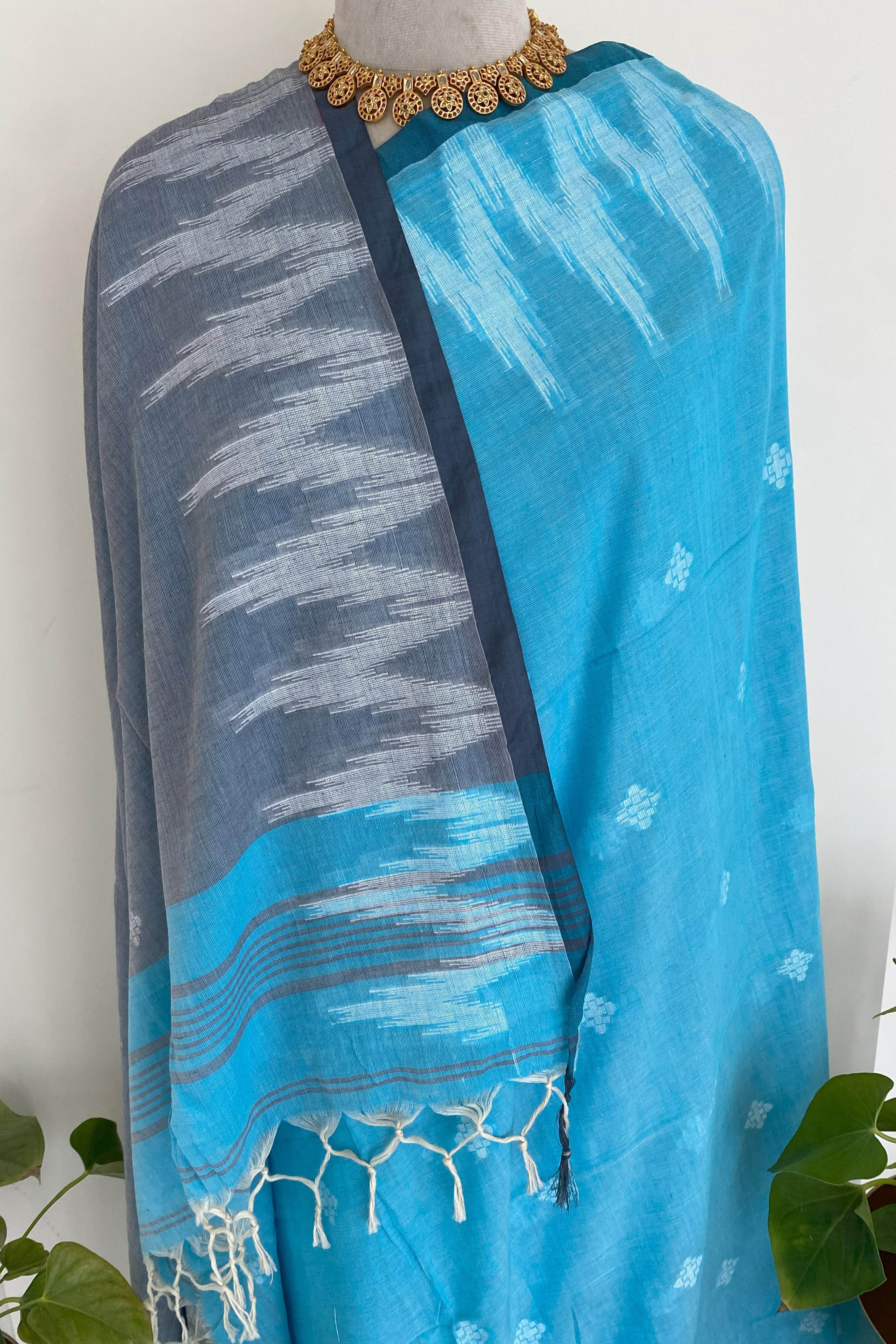 Blue & Grey Jamdani Pure Cotton Saree - Indian Handloomz