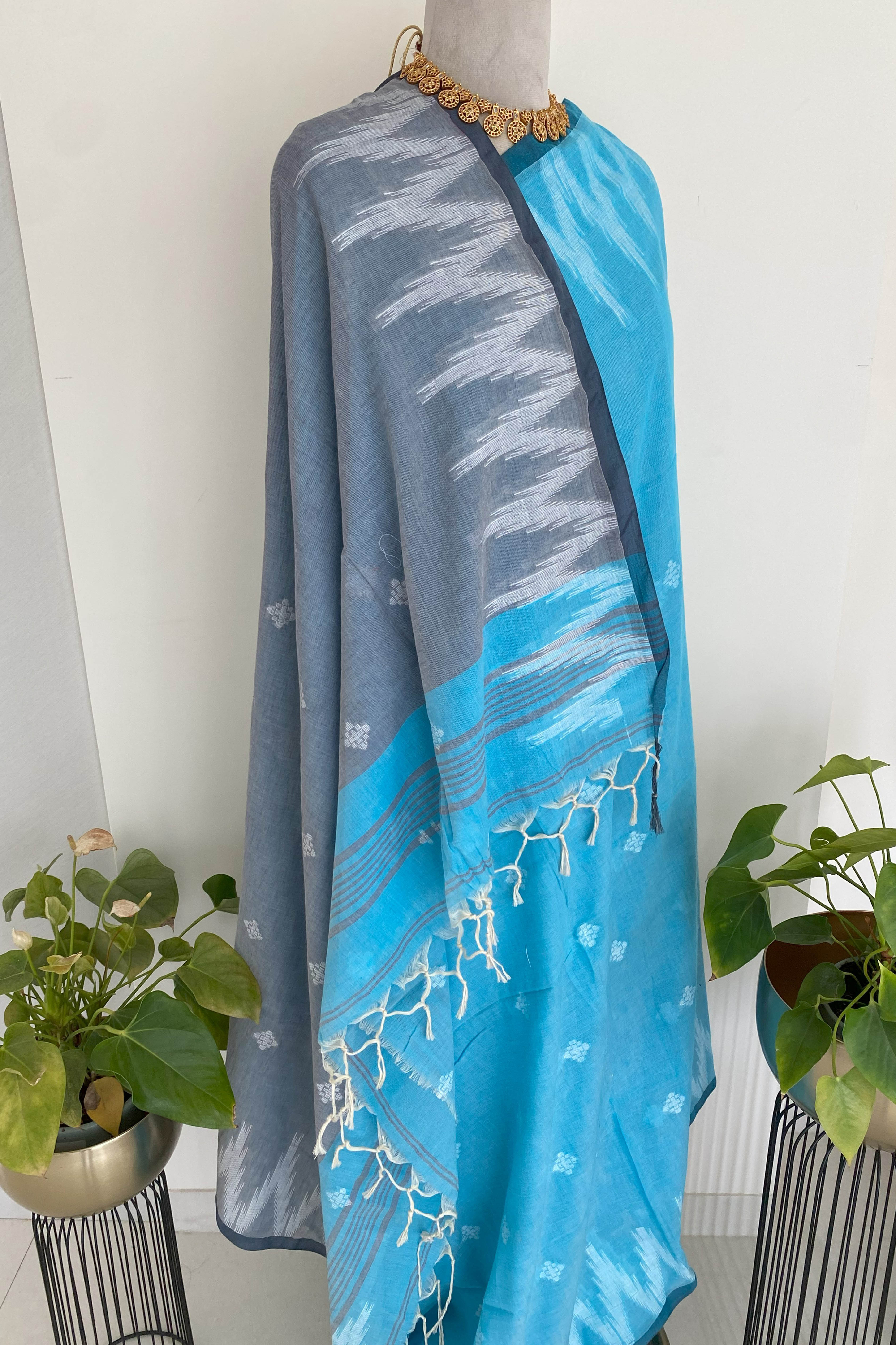 Blue & Grey Jamdani Pure Cotton Saree - Indian Handloomz