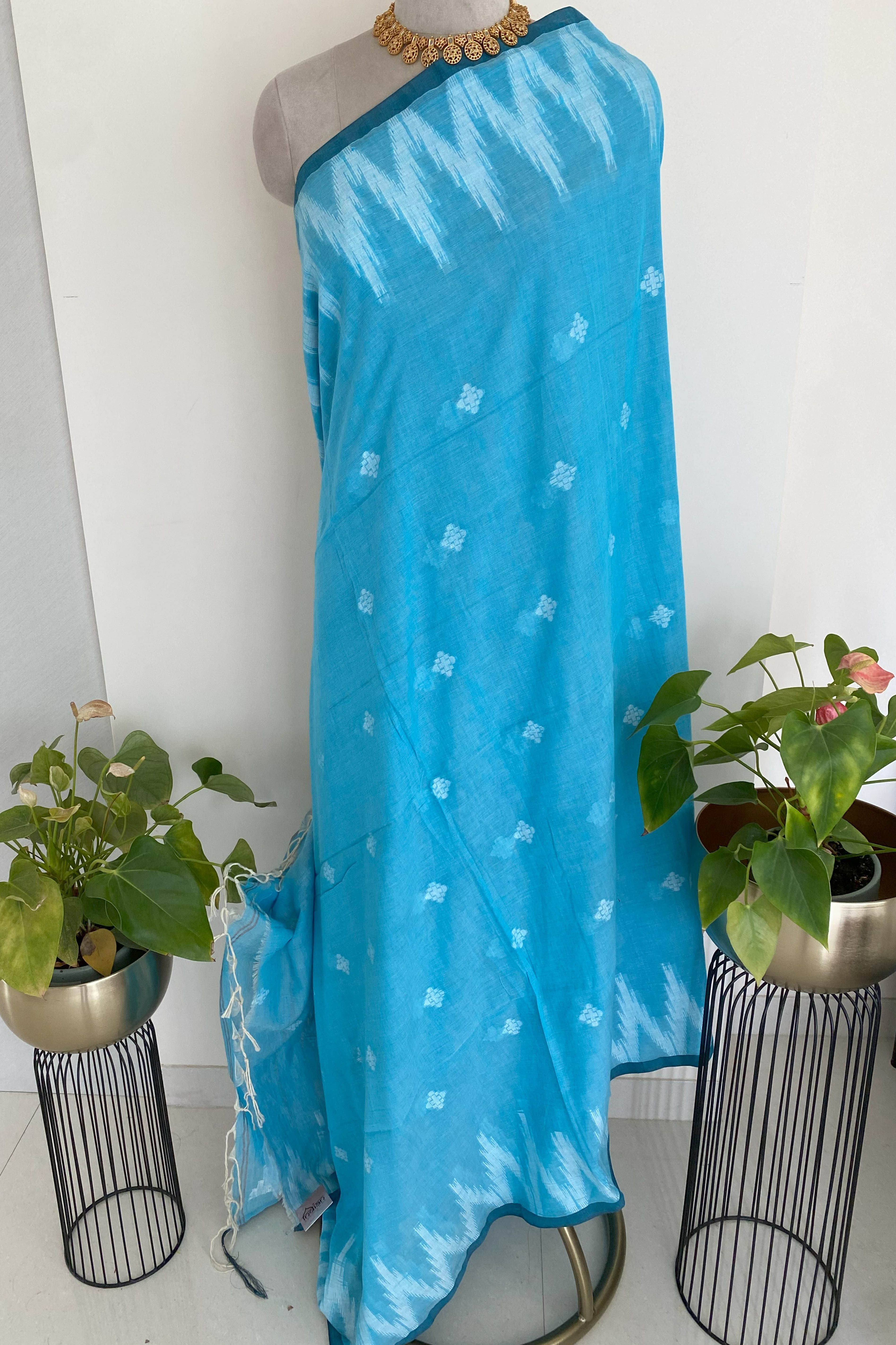 Blue & Grey Jamdani Pure Cotton Saree - Indian Handloomz