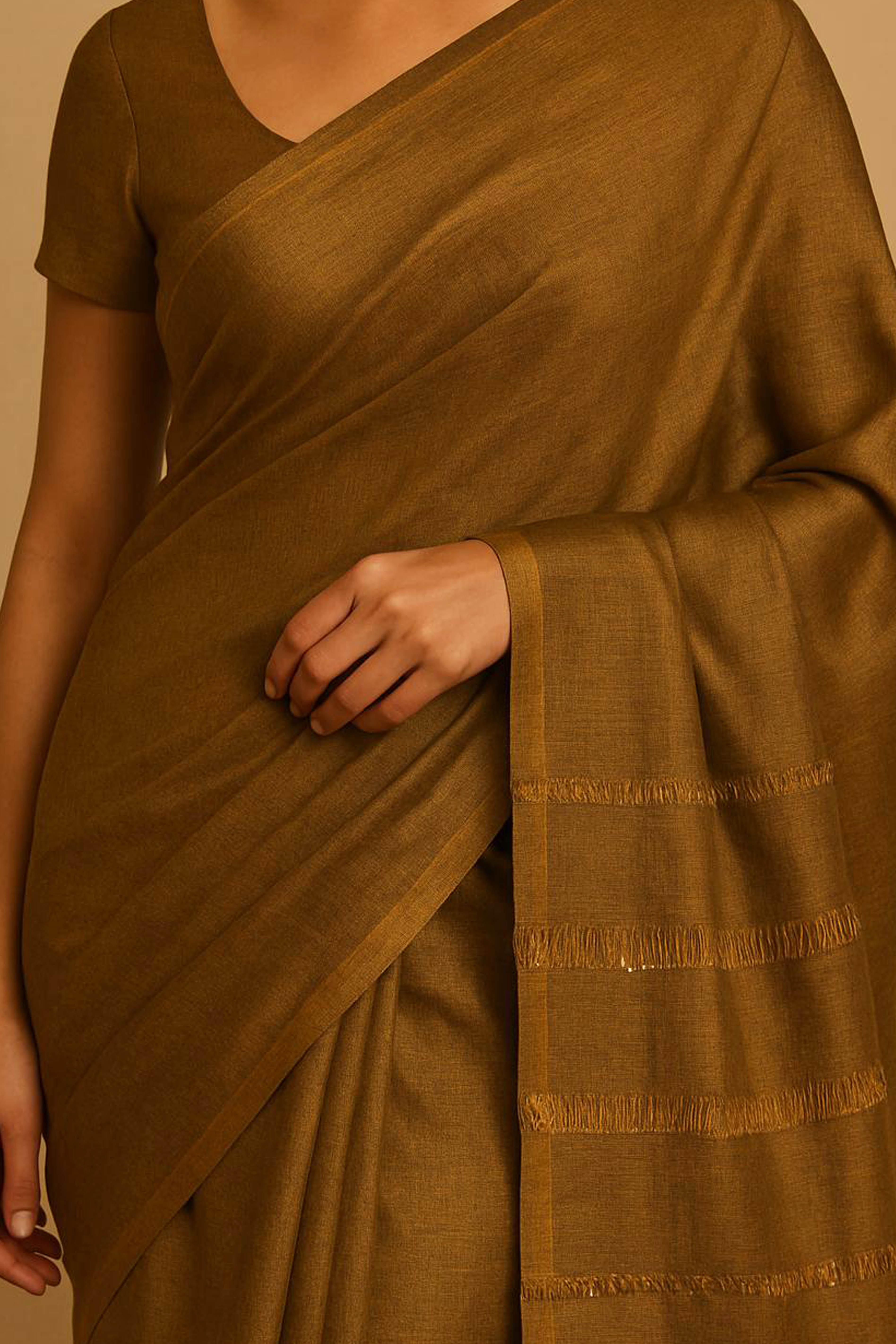 Bronze Gold Tissue Linen Jamdani Saree - Indian Handloomz
