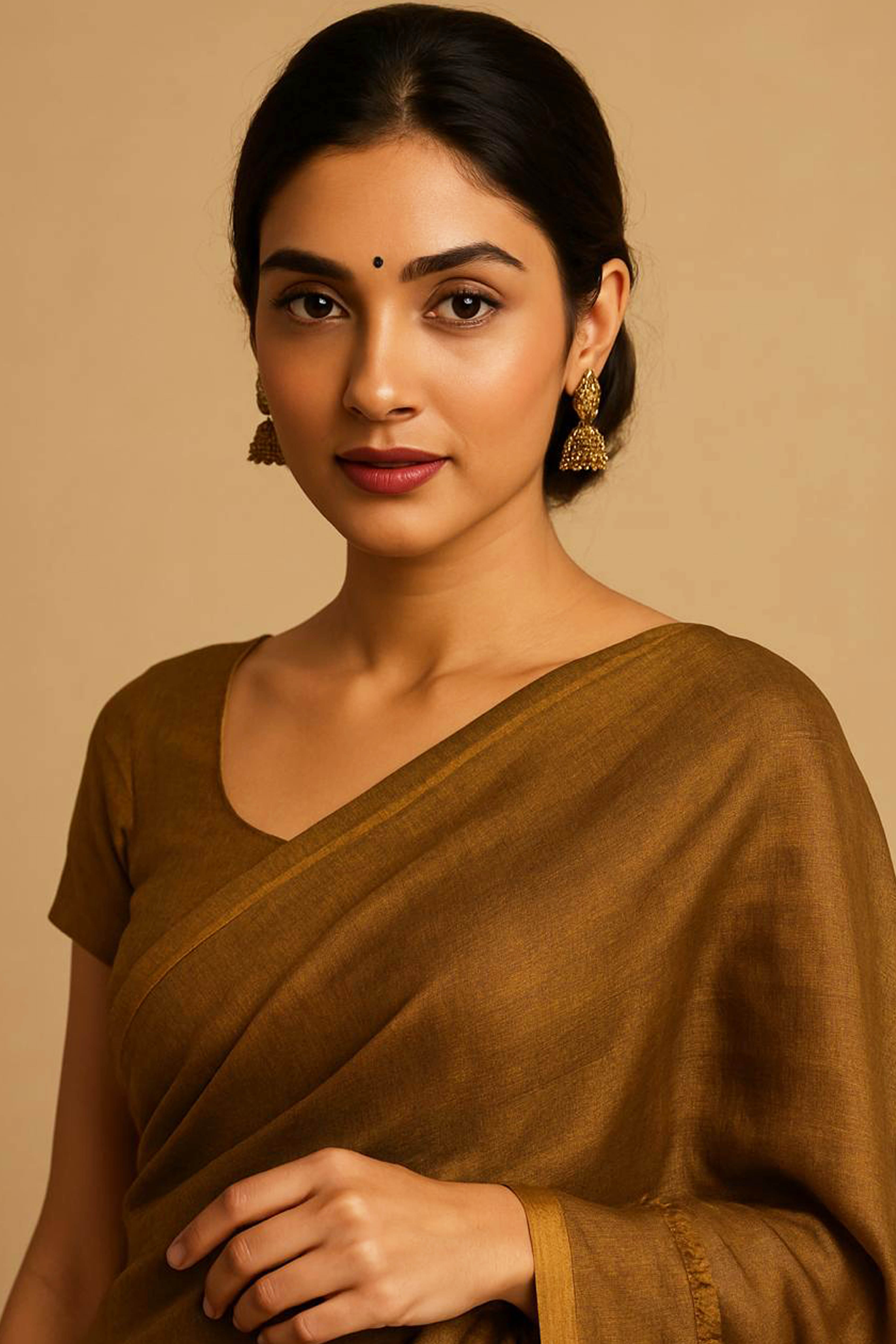 Bronze Gold Tissue Linen Jamdani Saree - Indian Handloomz
