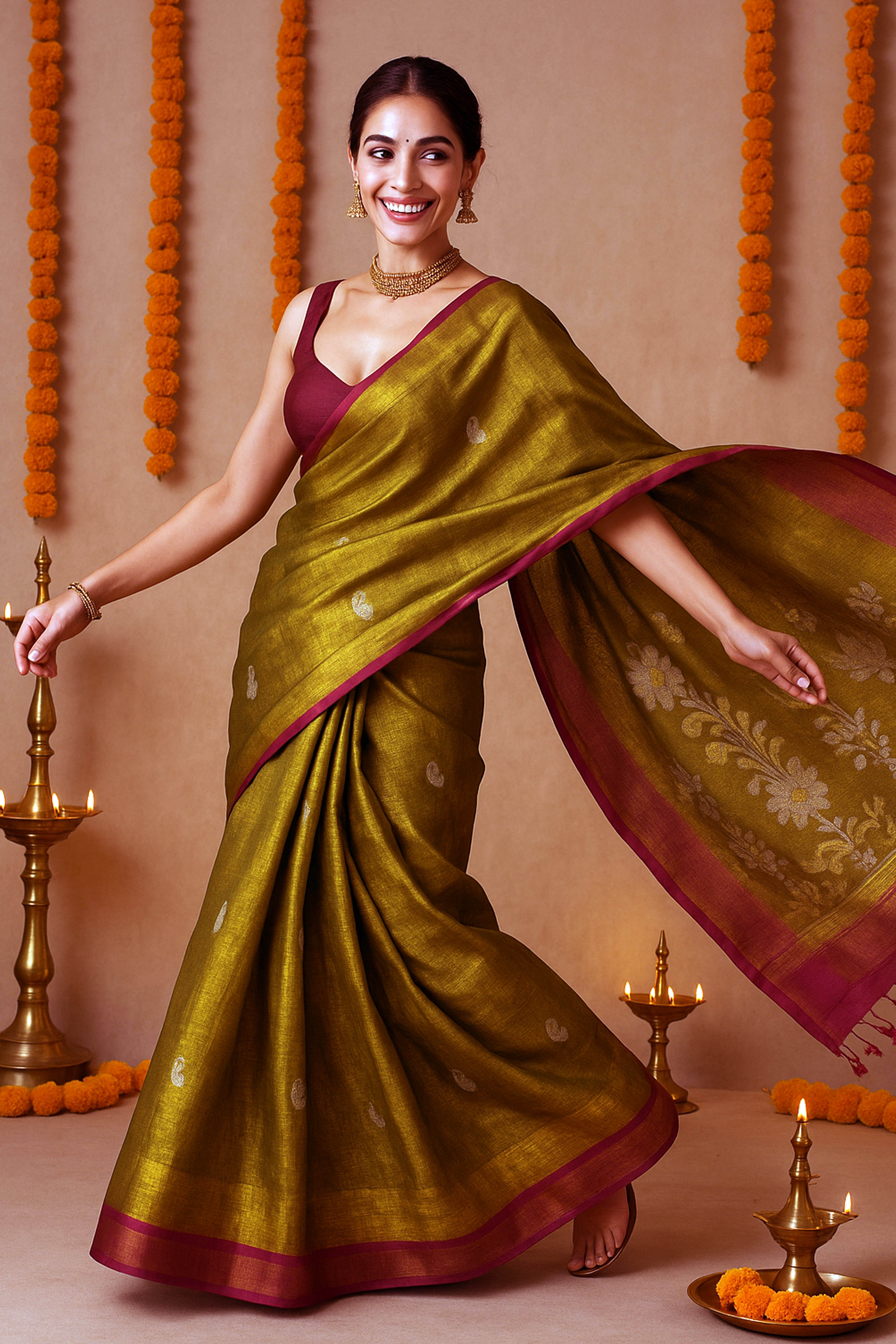 Brown Tissue Linen Jamdani Saree - Indian Handloomz