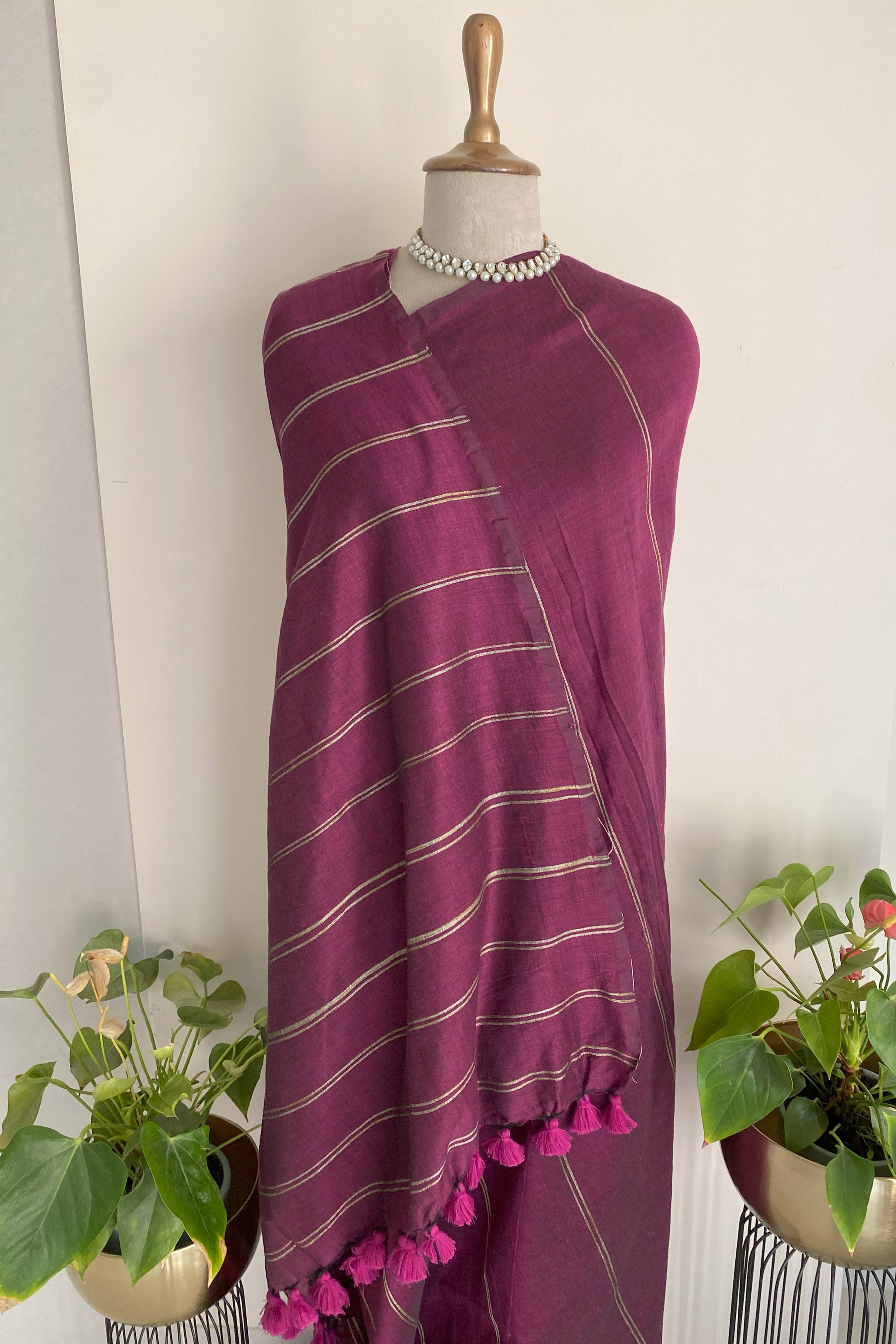 Chandrika Pure Cotton Wine Colored Saree with Gold Stripes - Indian Handloomz