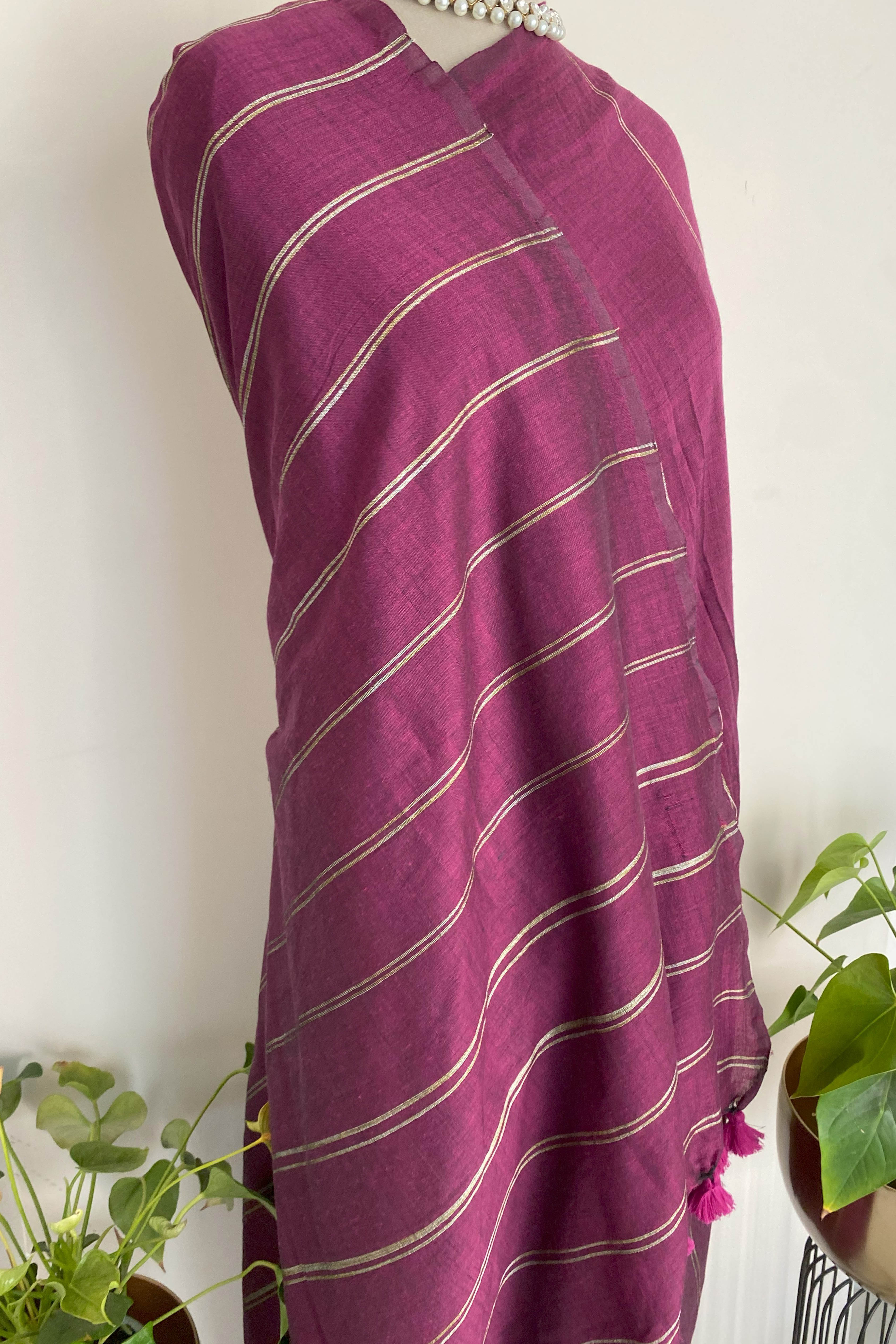 Chandrika Pure Cotton Wine Colored Saree with Gold Stripes - Indian Handloomz