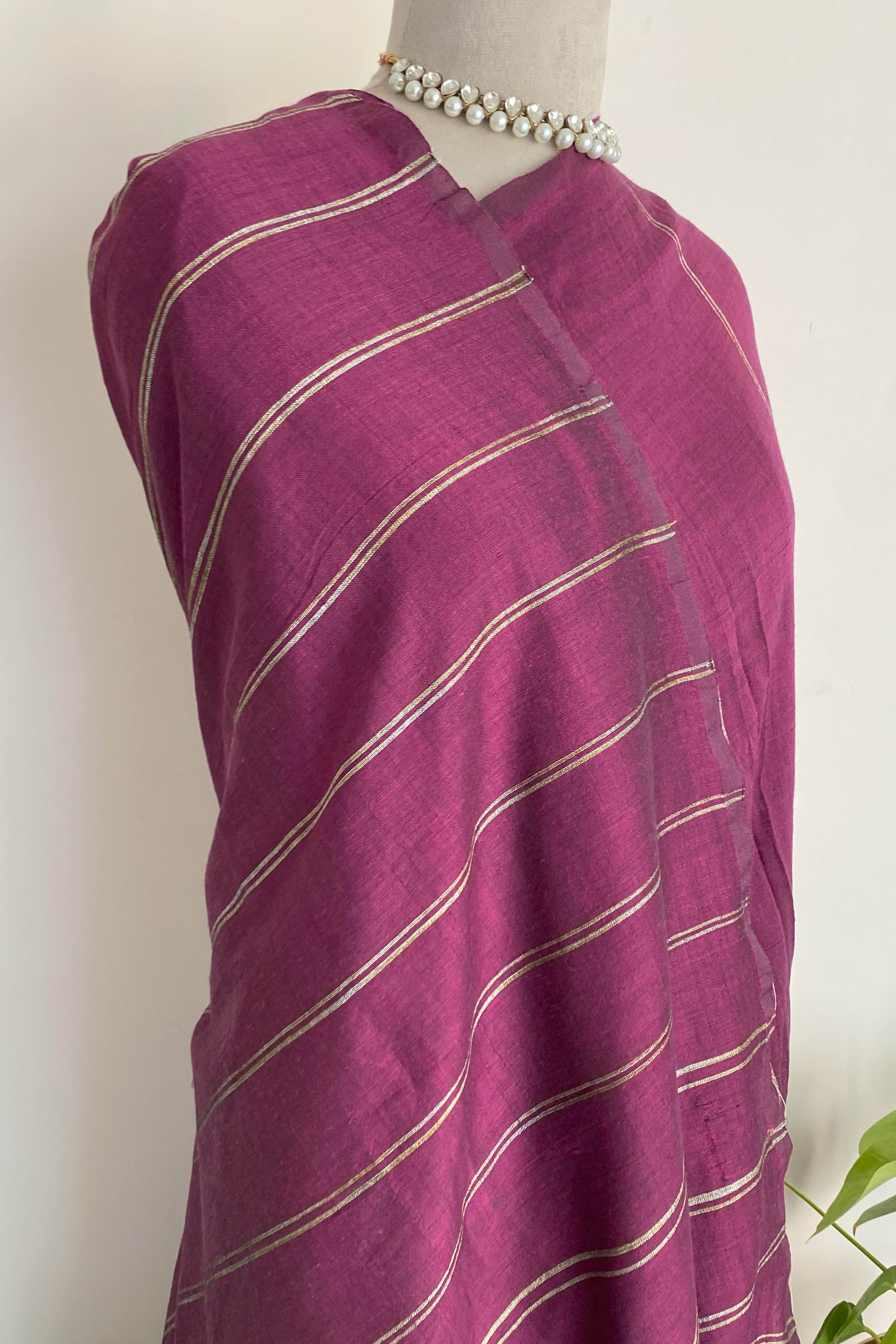 Chandrika Pure Cotton Wine Colored Saree with Gold Stripes - Indian Handloomz
