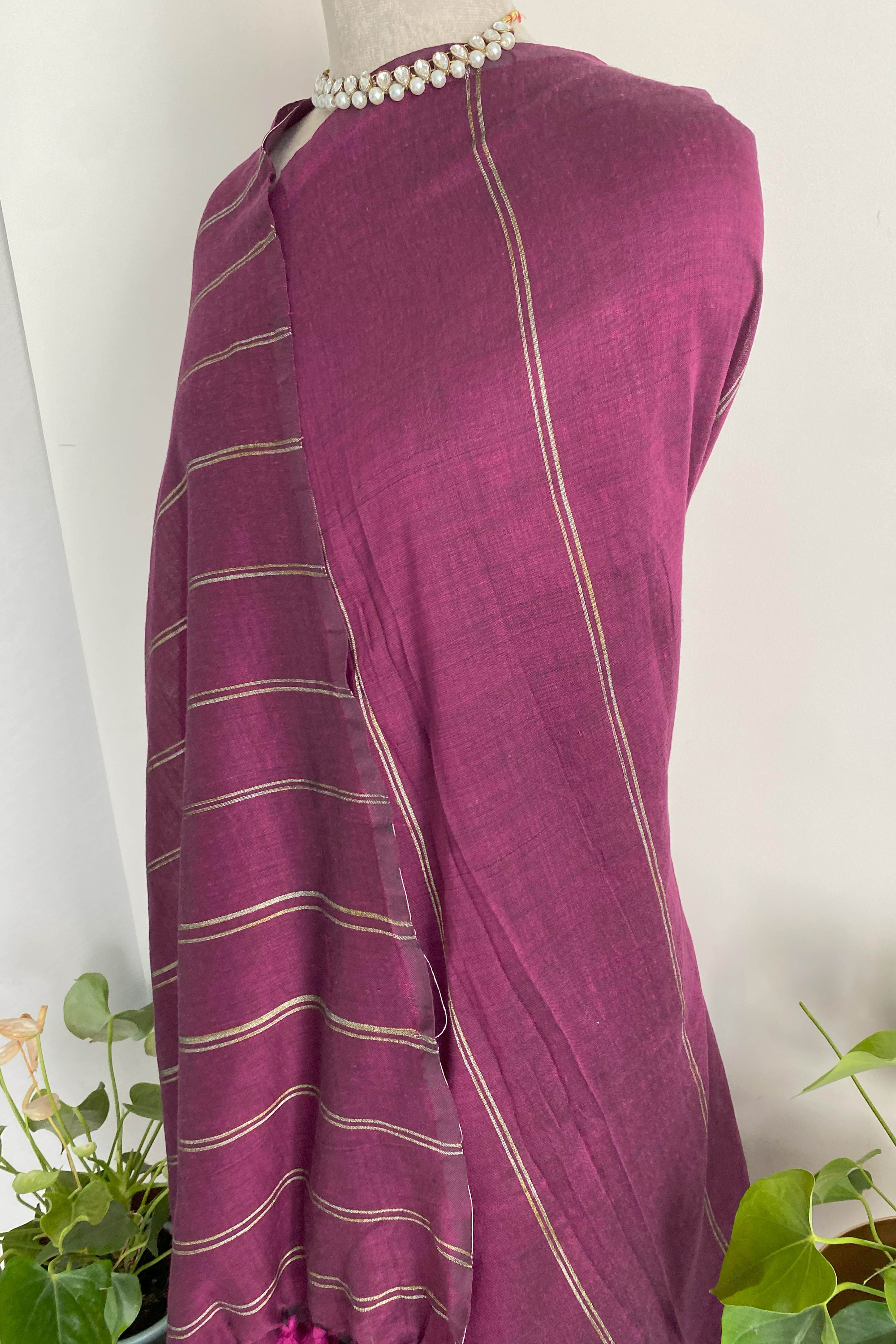 Chandrika Pure Cotton Wine Colored Saree with Gold Stripes - Indian Handloomz