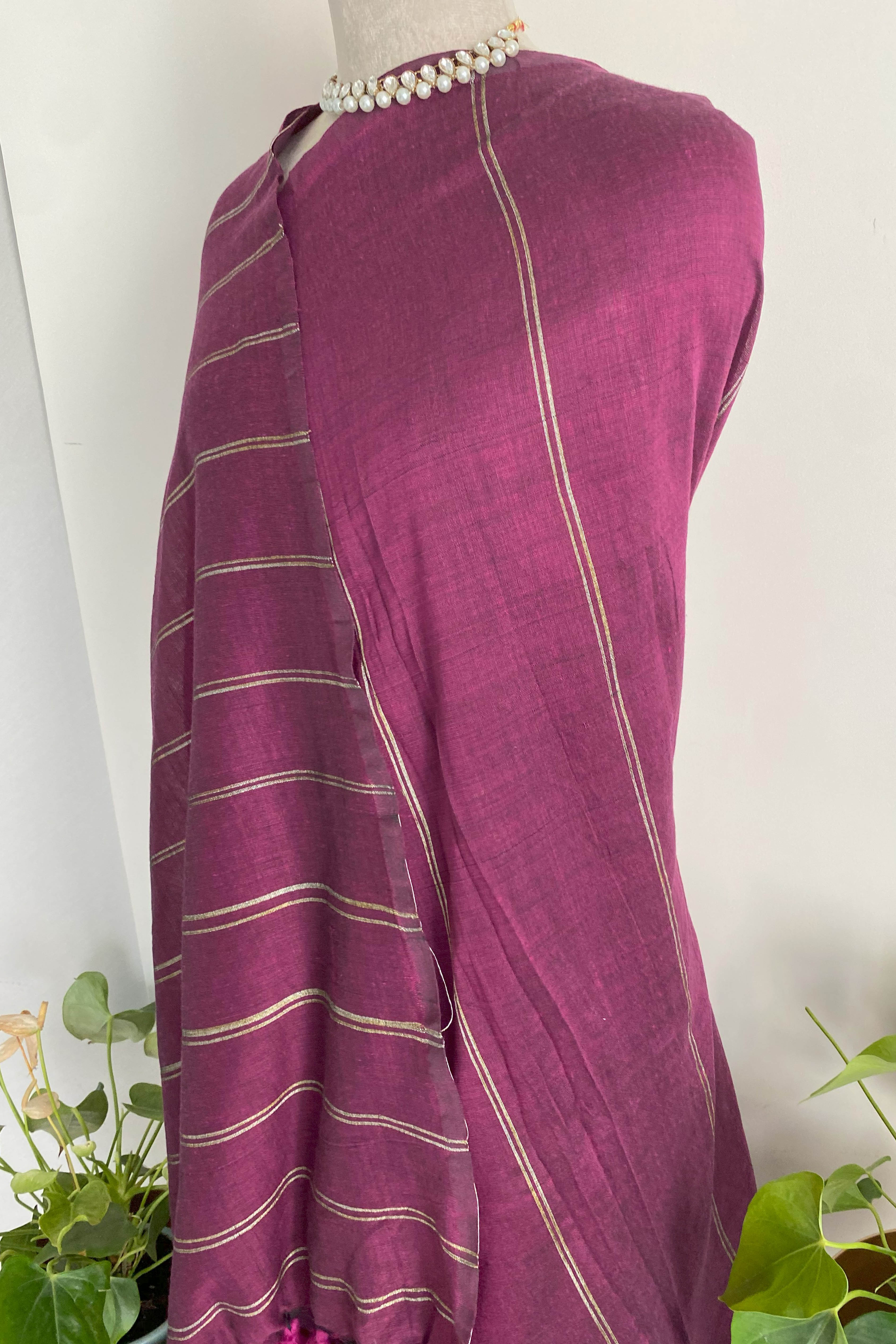 Chandrika Pure Cotton Wine Colored Saree with Gold Stripes - Indian Handloomz