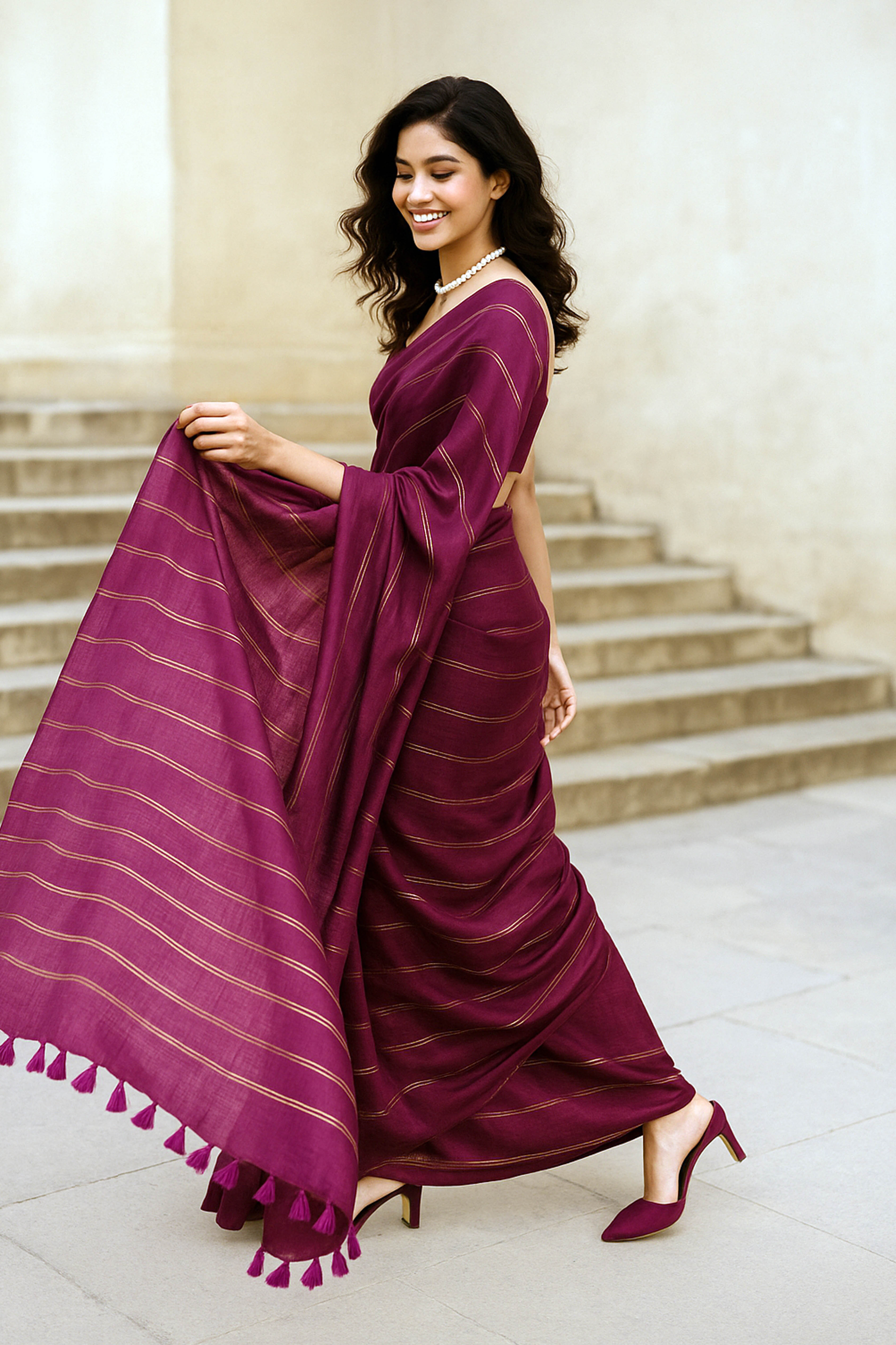 Chandrika Pure Cotton Wine Colored Saree with Gold Stripes - Indian Handloomz