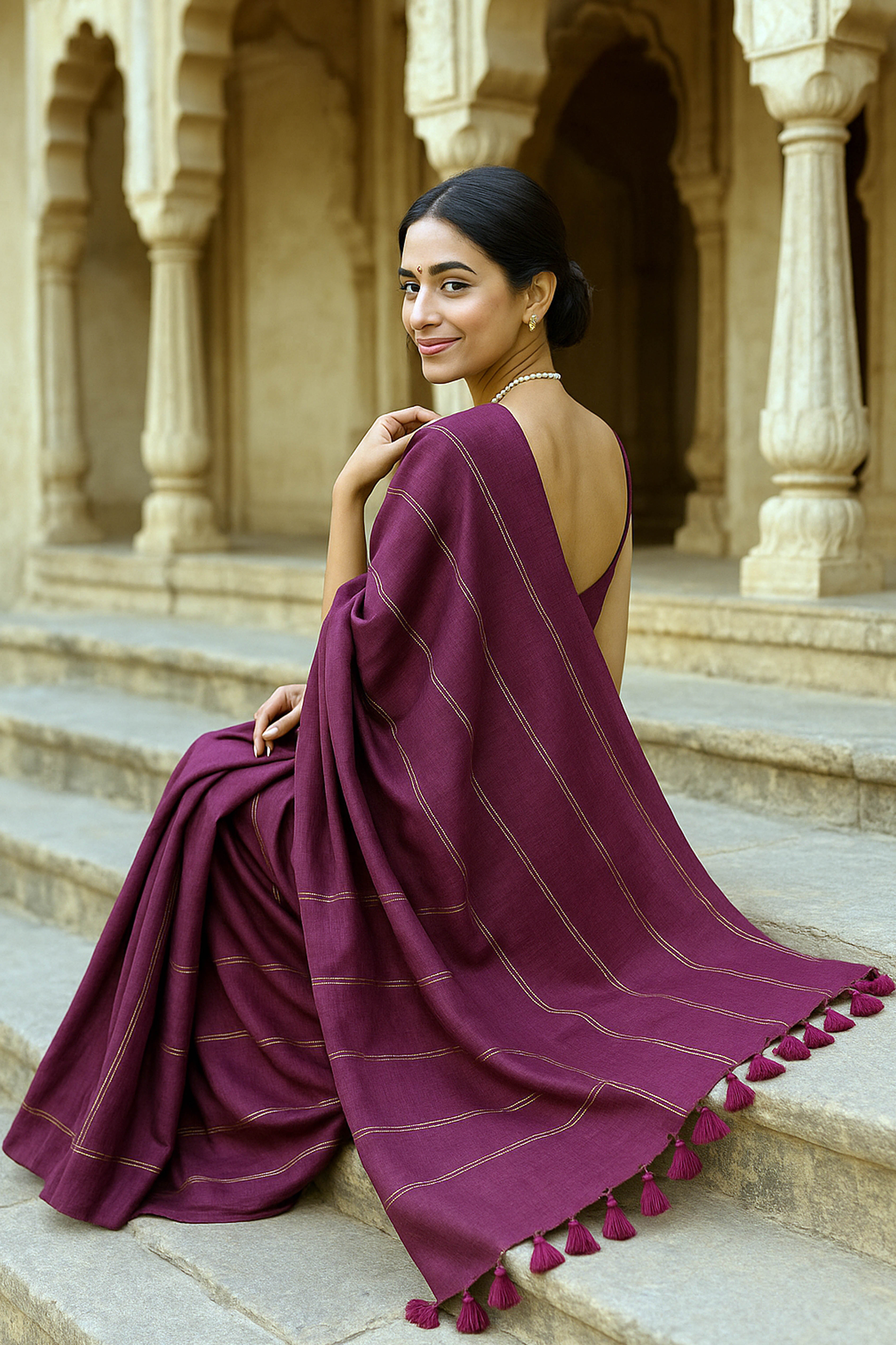 Chandrika Pure Cotton Wine Colored Saree with Gold Stripes - Indian Handloomz