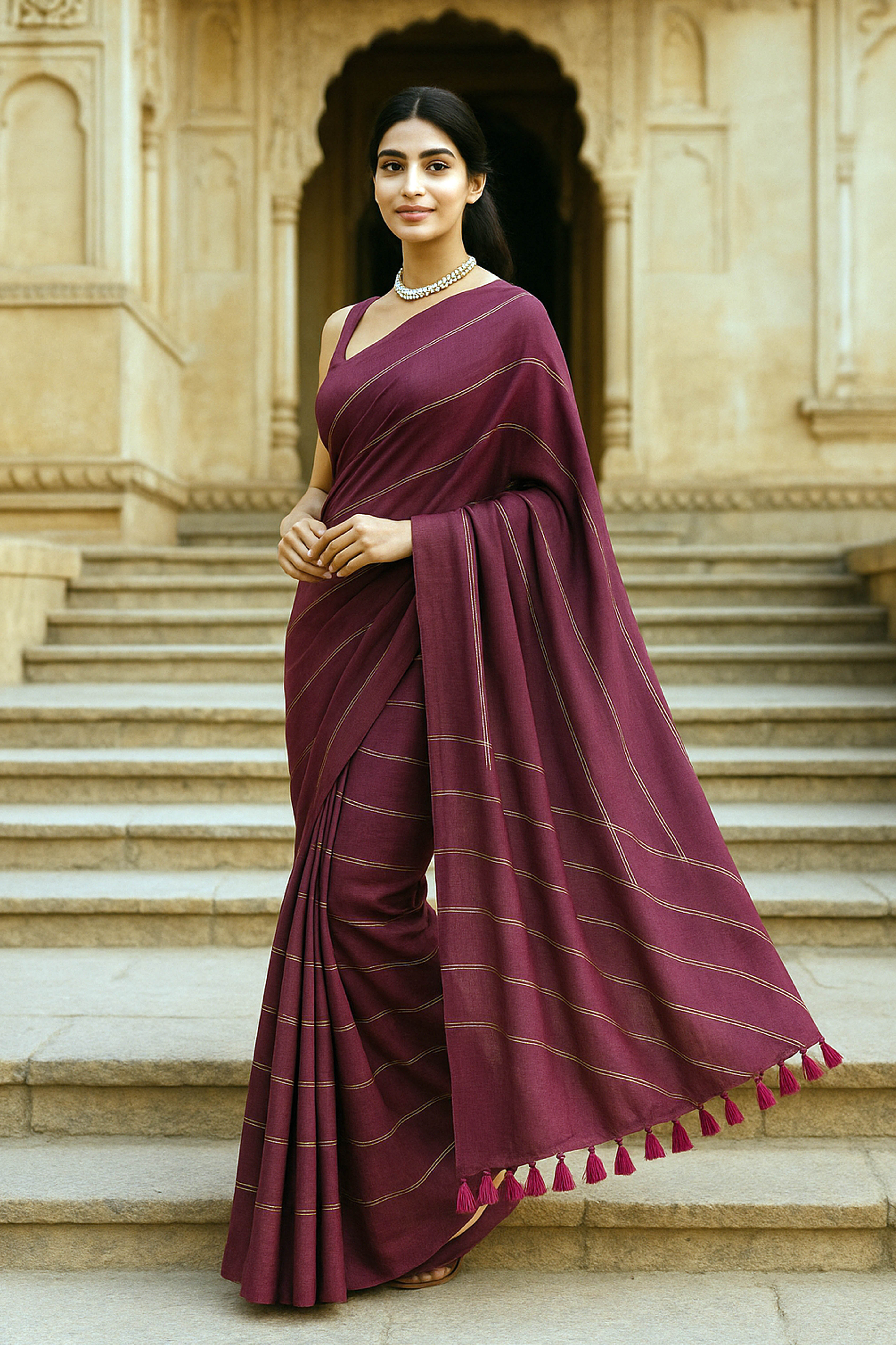 Chandrika Pure Cotton Wine Colored Saree with Gold Stripes - Indian Handloomz