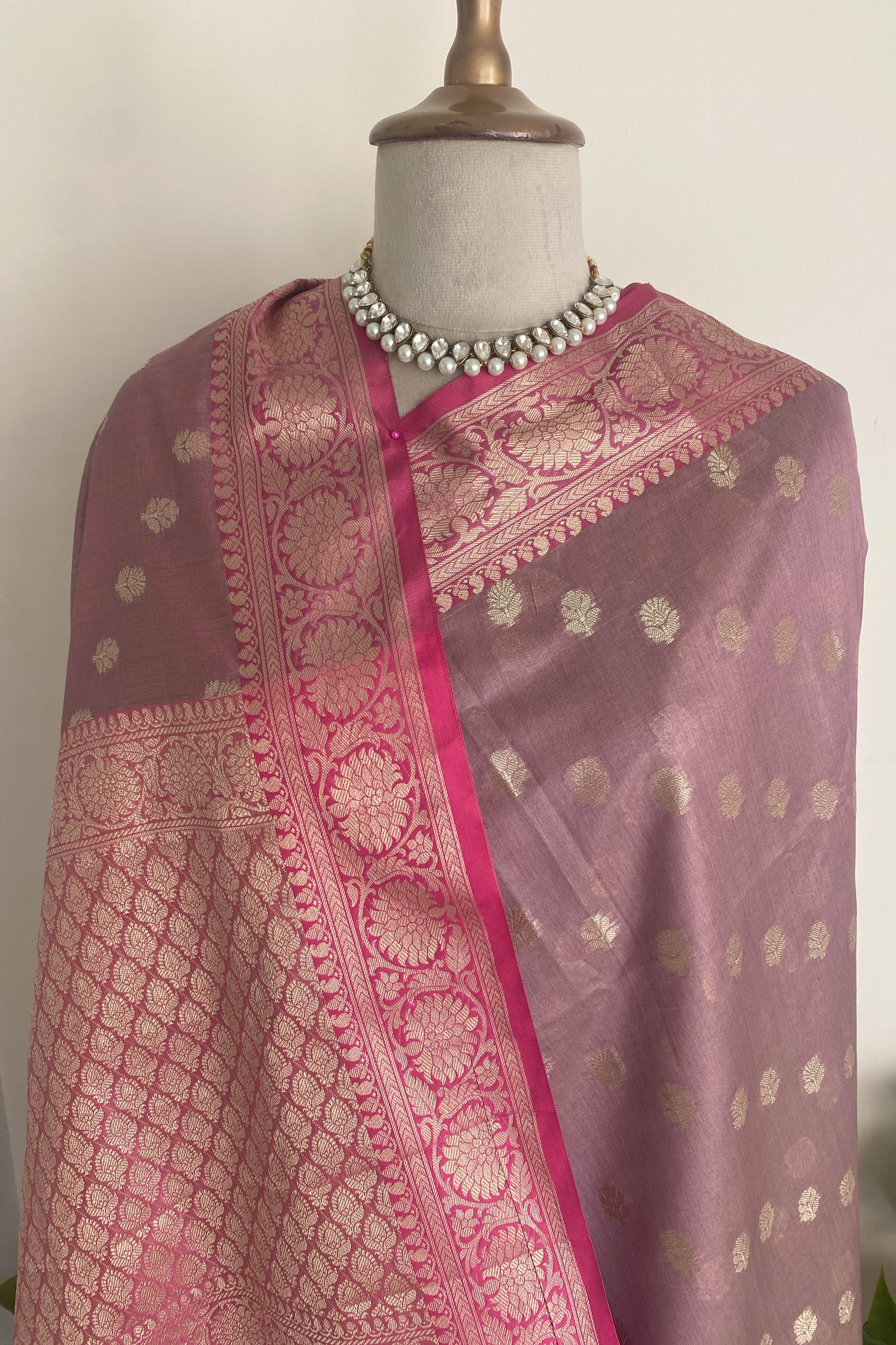 Charu Banarasi Mercerized Cotton Saree in Soft Dusty Pink & Rich Pink Pallu - Indian Handloomz