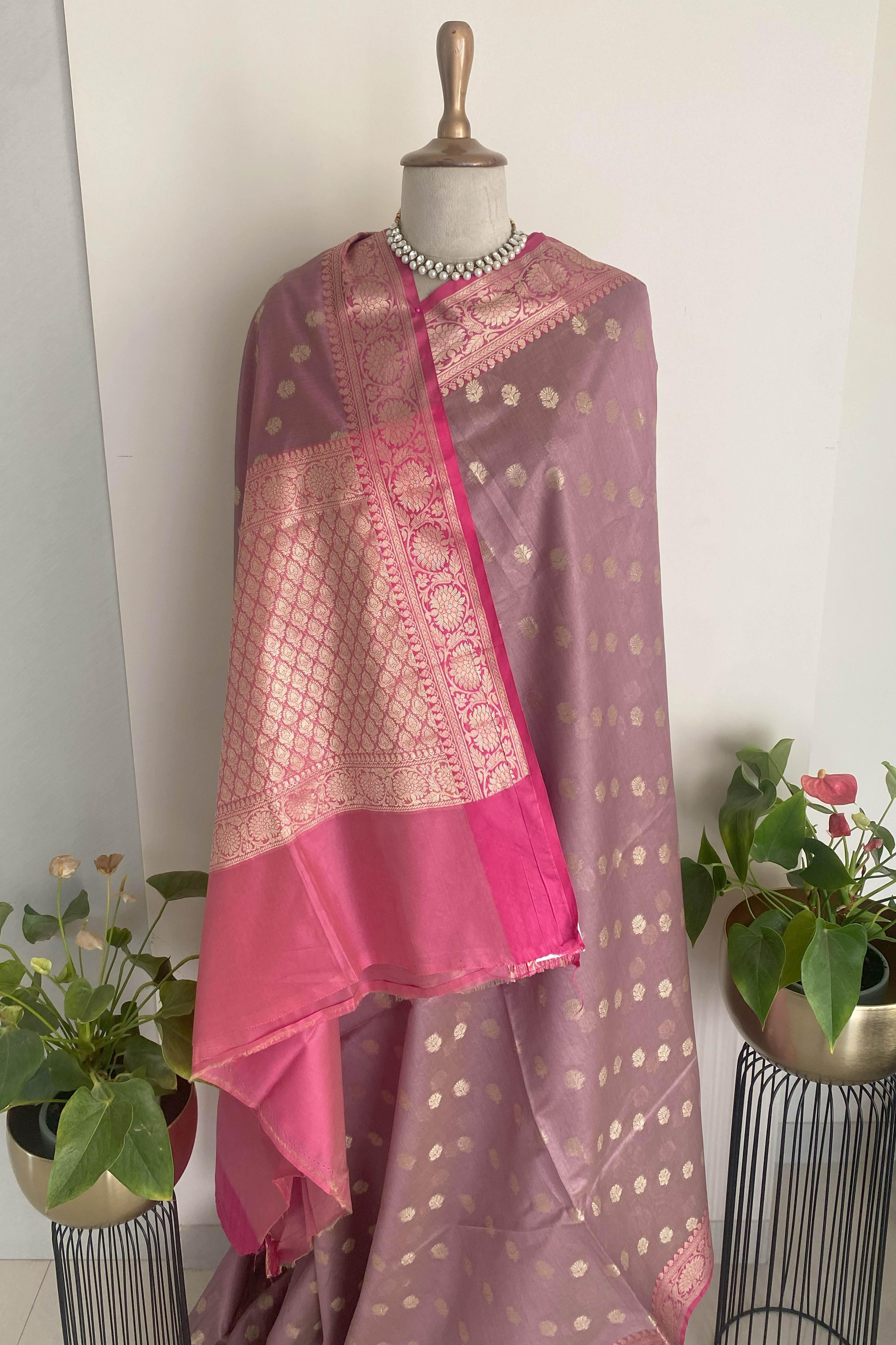 Charu Banarasi Mercerized Cotton Saree in Soft Dusty Pink & Rich Pink Pallu - Indian Handloomz