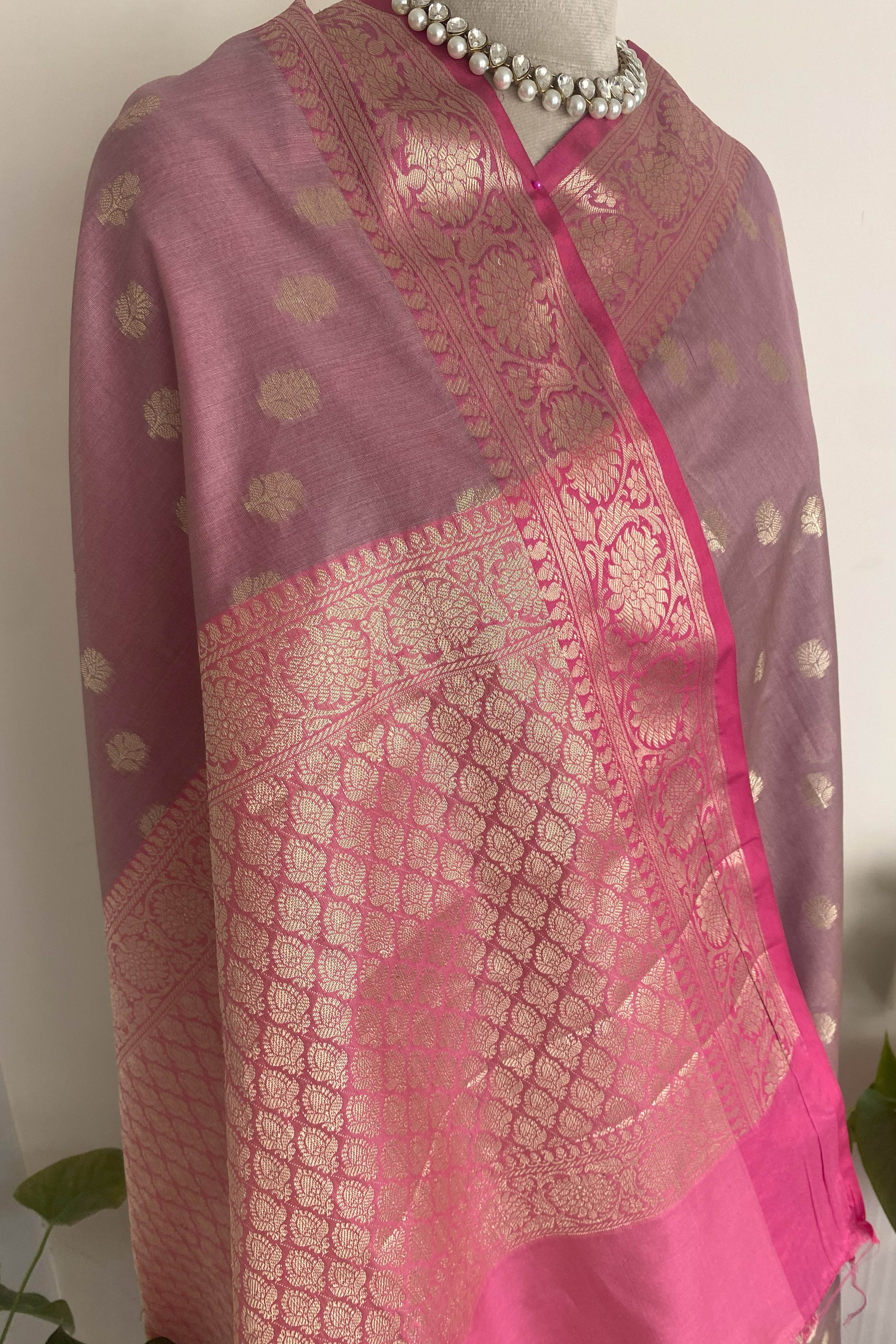 Charu Banarasi Mercerized Cotton Saree in Soft Dusty Pink & Rich Pink Pallu - Indian Handloomz