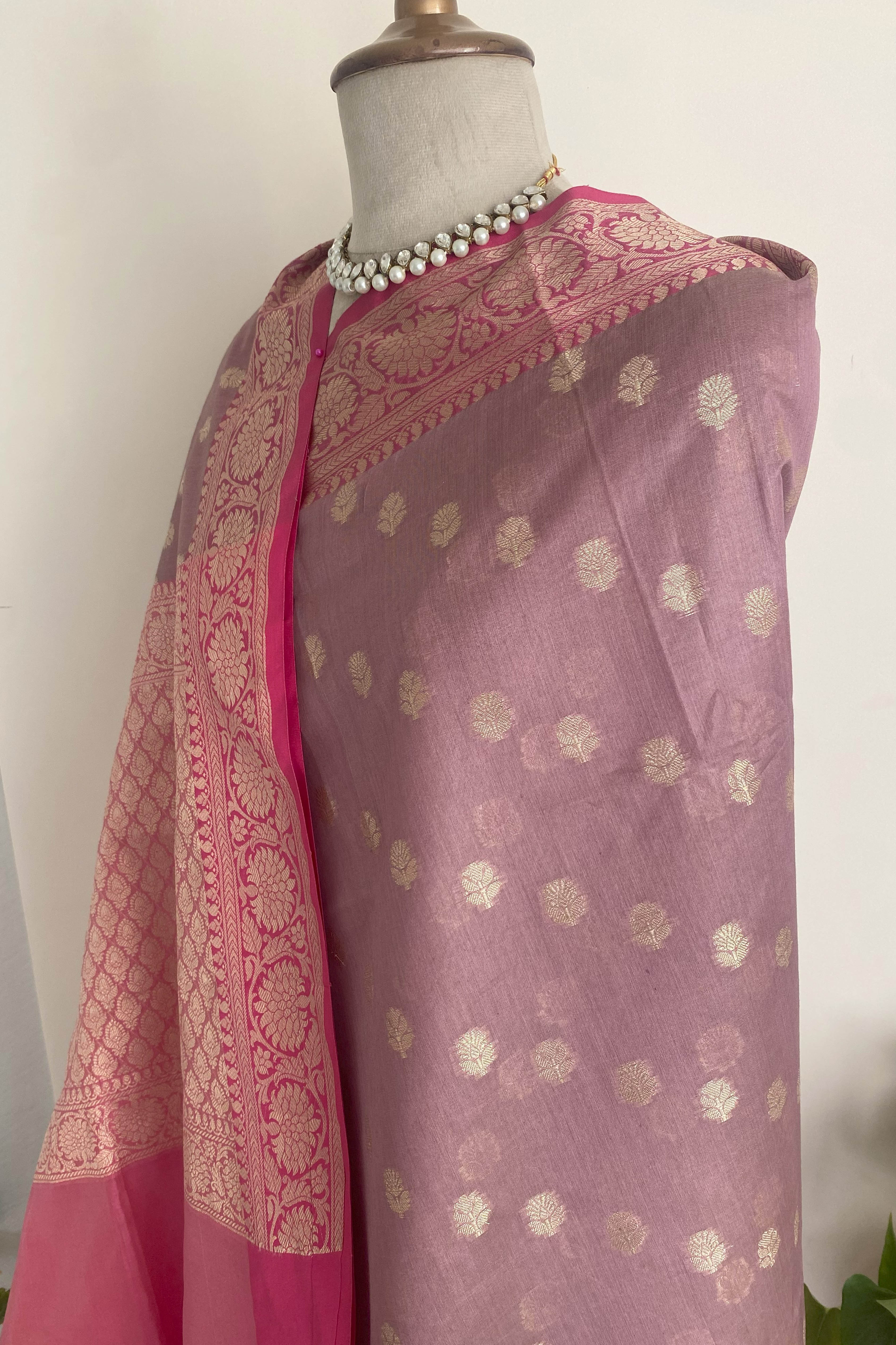 Charu Banarasi Mercerized Cotton Saree in Soft Dusty Pink & Rich Pink Pallu - Indian Handloomz