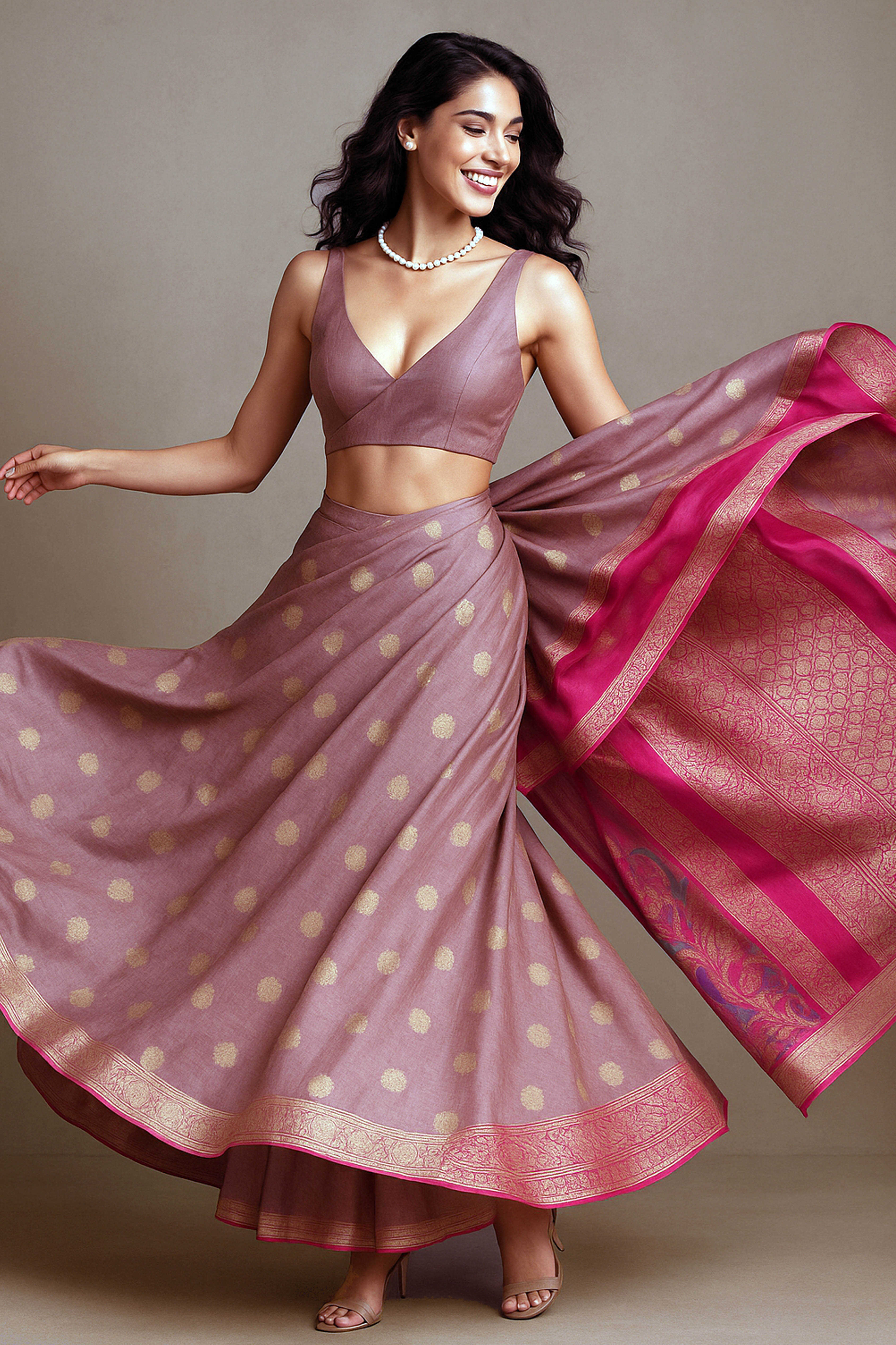 Charu Banarasi Mercerized Cotton Saree in Soft Dusty Pink & Rich Pink Pallu - Indian Handloomz