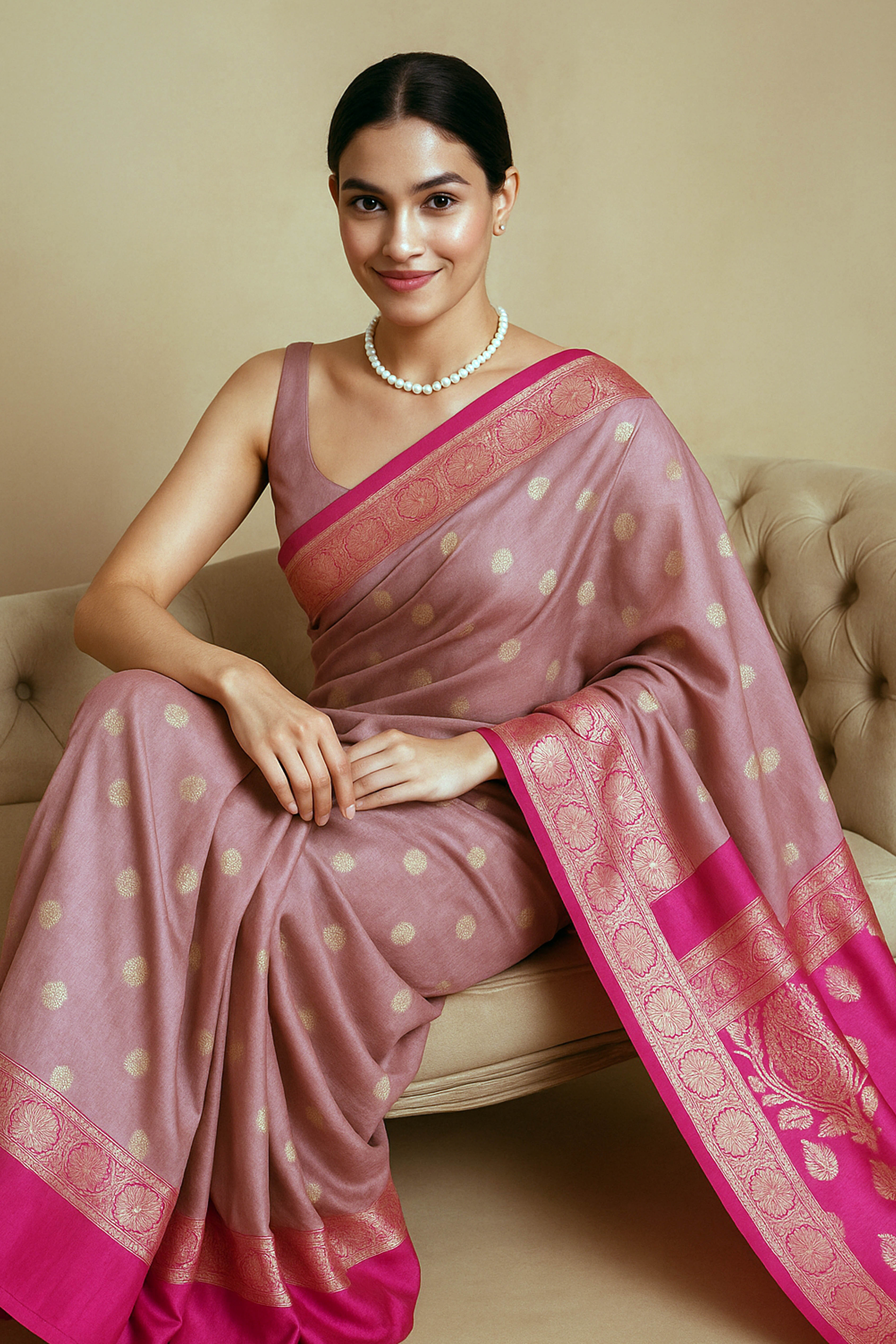 Charu Banarasi Mercerized Cotton Saree in Soft Dusty Pink & Rich Pink Pallu - Indian Handloomz