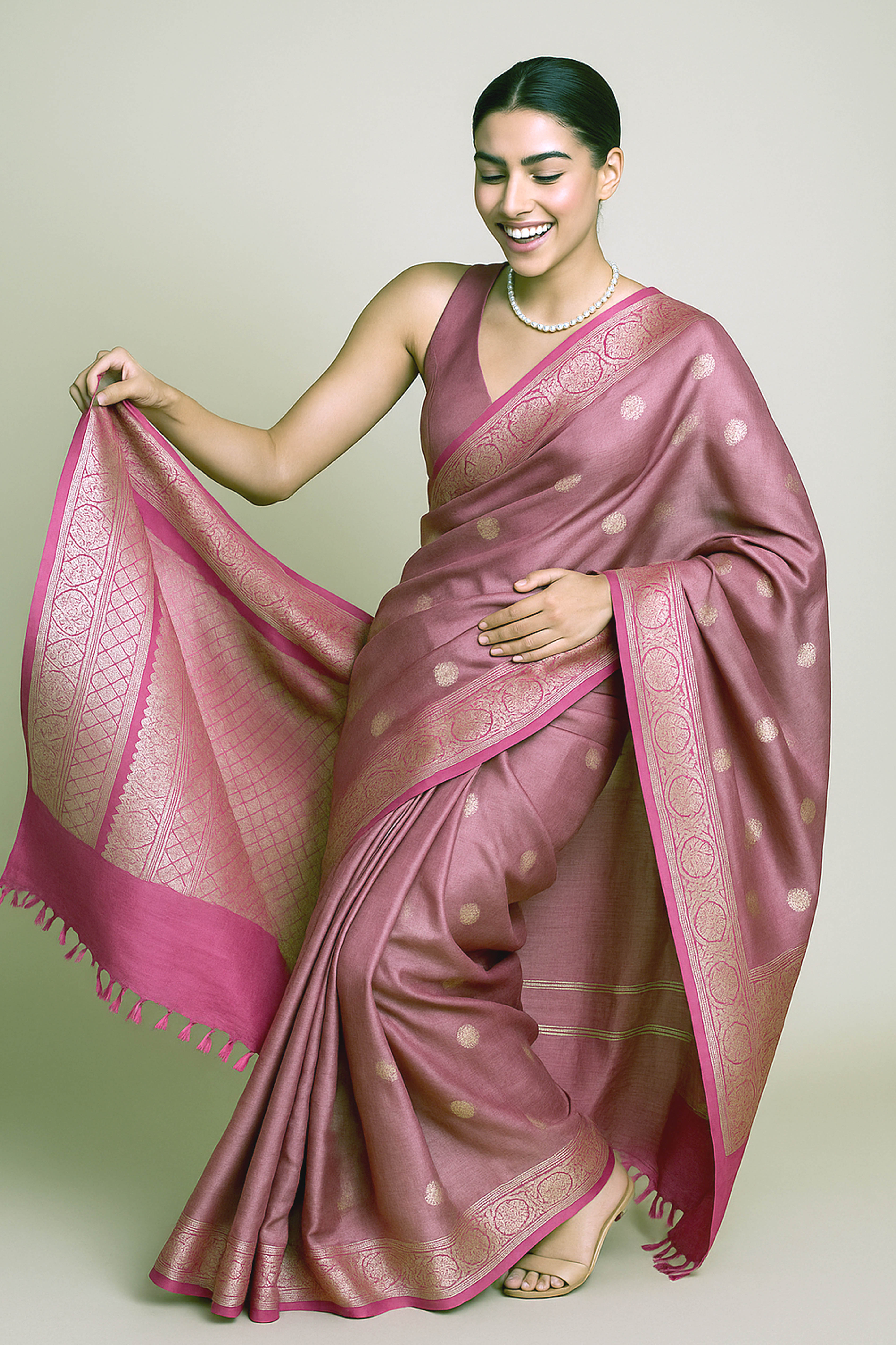 Charu Banarasi Mercerized Cotton Saree in Soft Dusty Pink & Rich Pink Pallu - Indian Handloomz