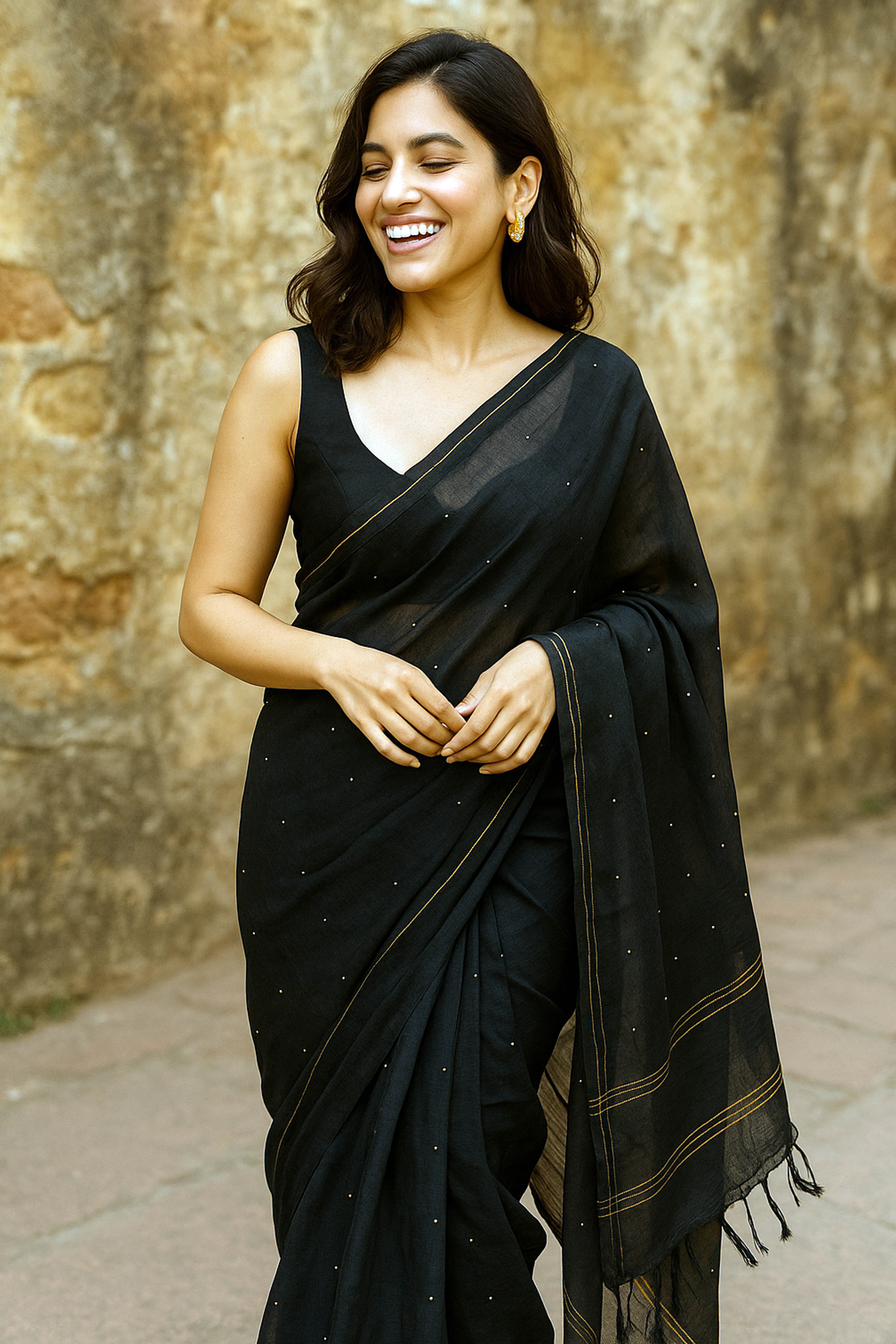 Cotton Black Saree with Sequins - Indian Handloomz