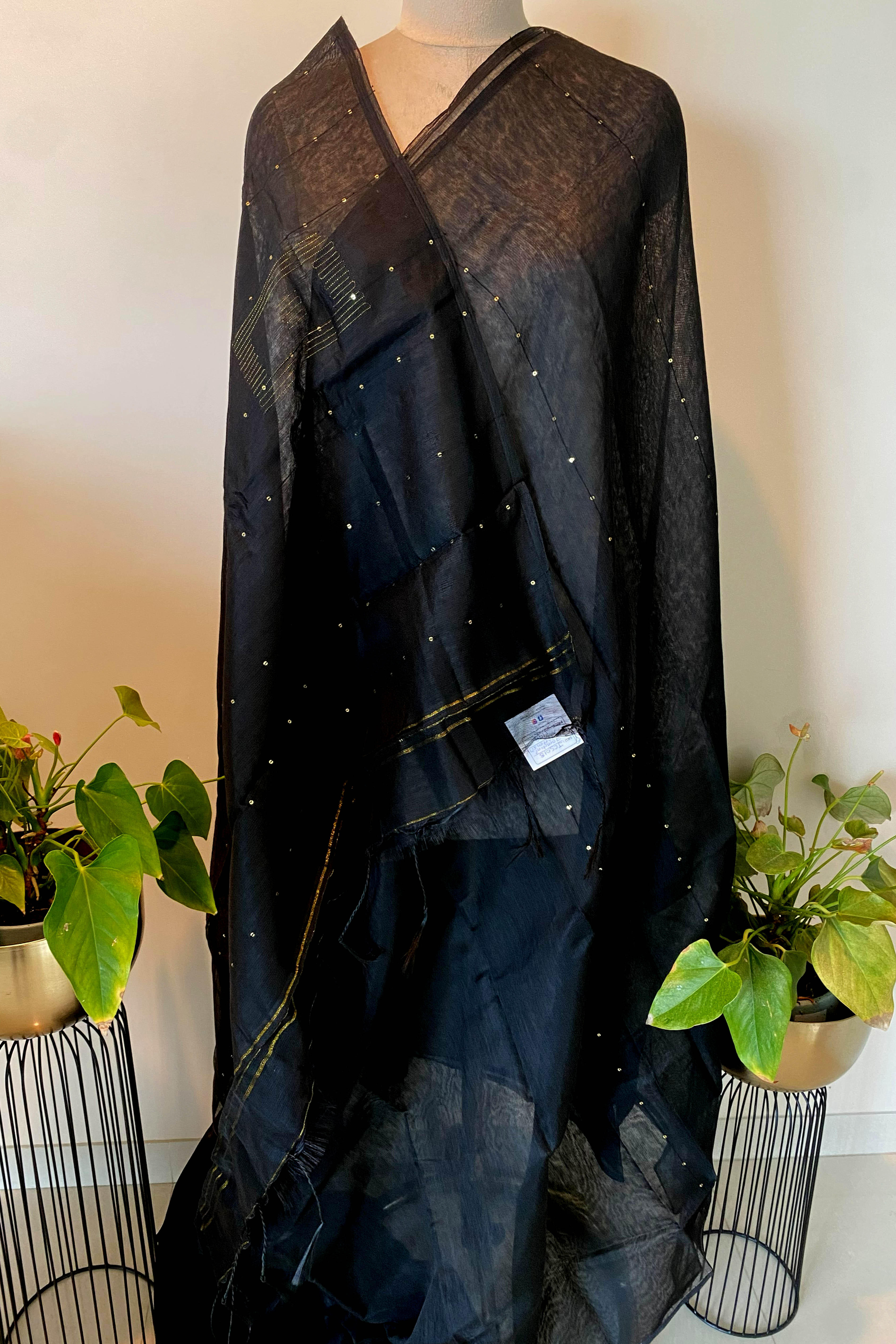 Cotton Black Saree with Sequins - Indian Handloomz