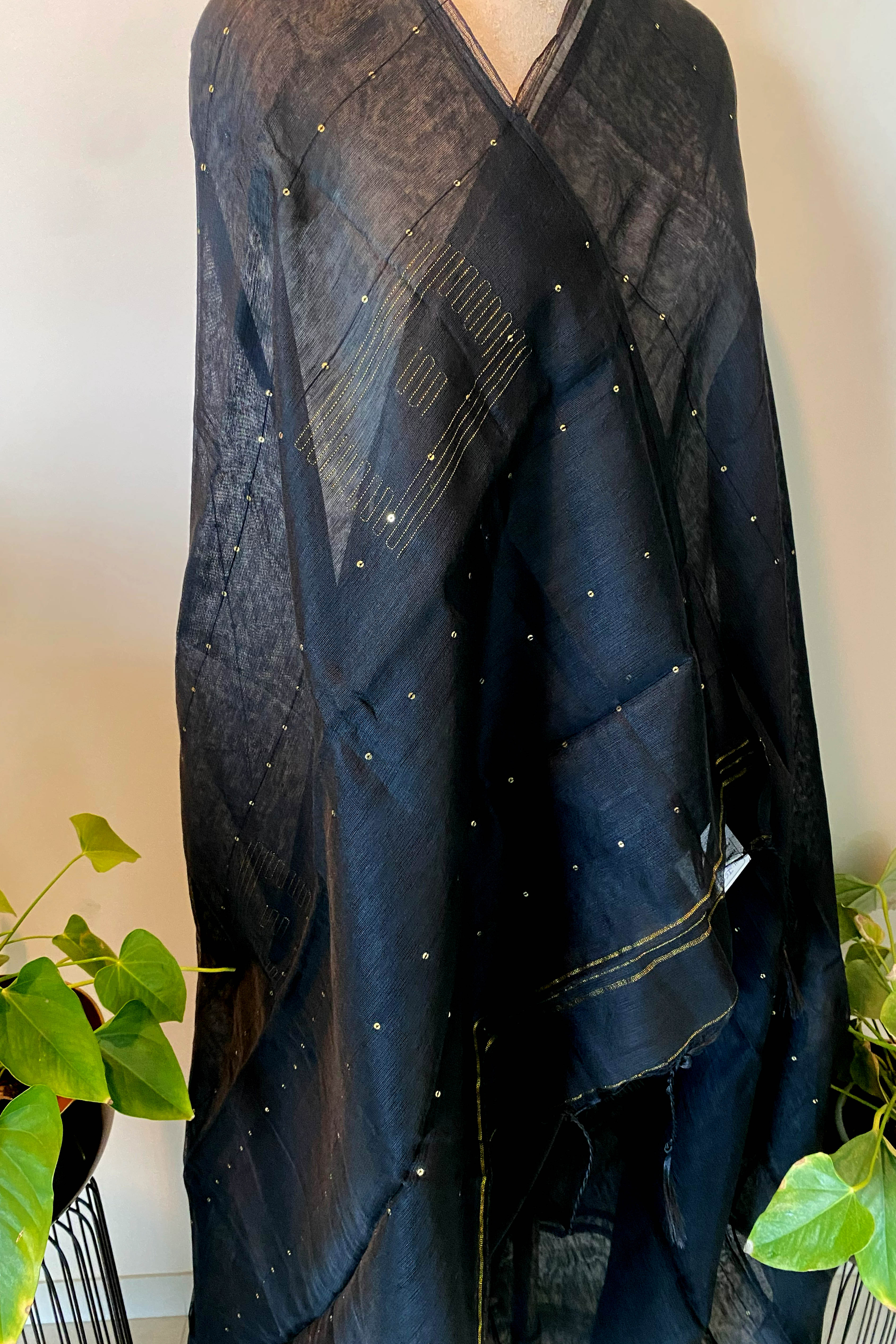 Cotton Black Saree with Sequins - Indian Handloomz