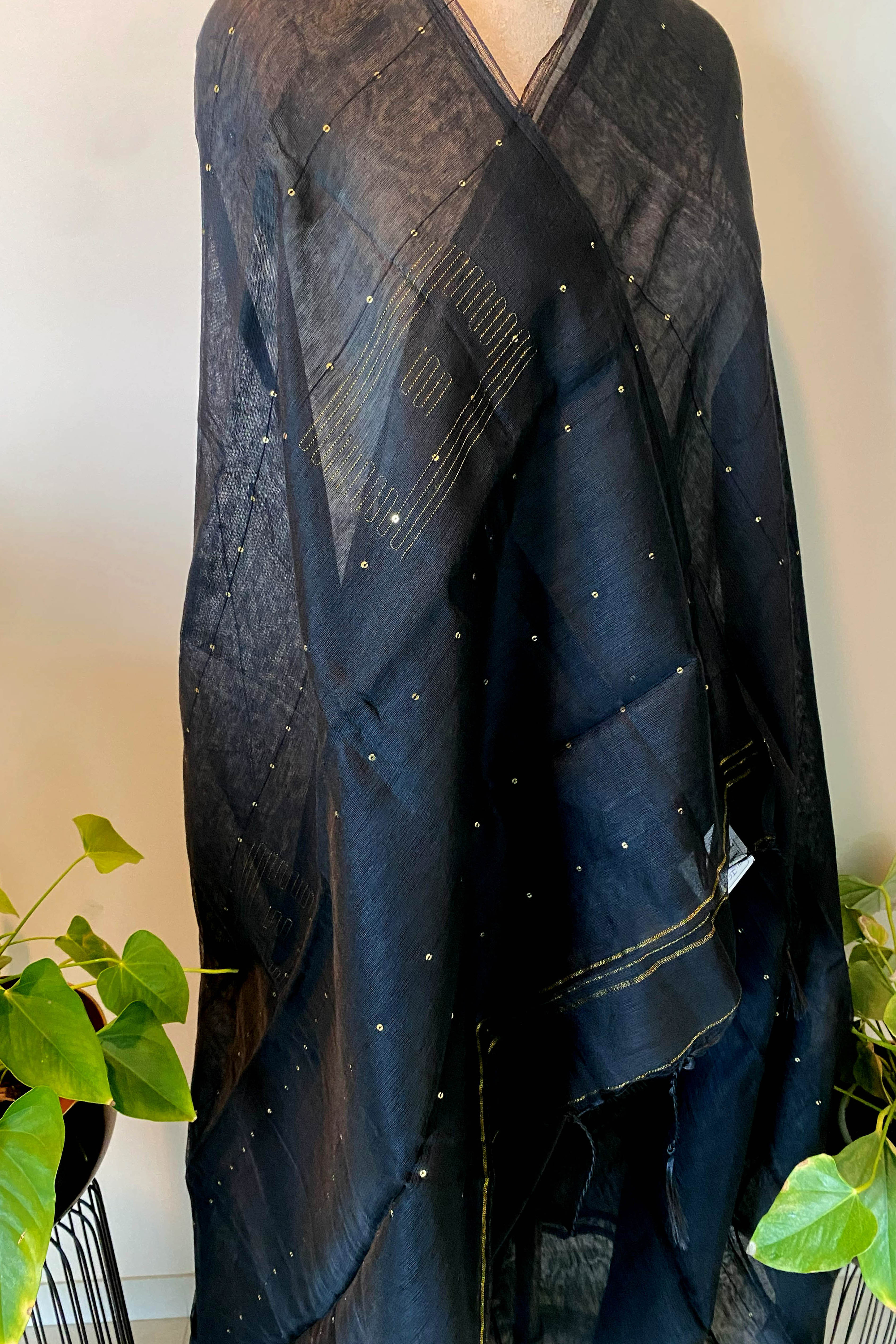 Cotton Black Saree with Sequins - Indian Handloomz