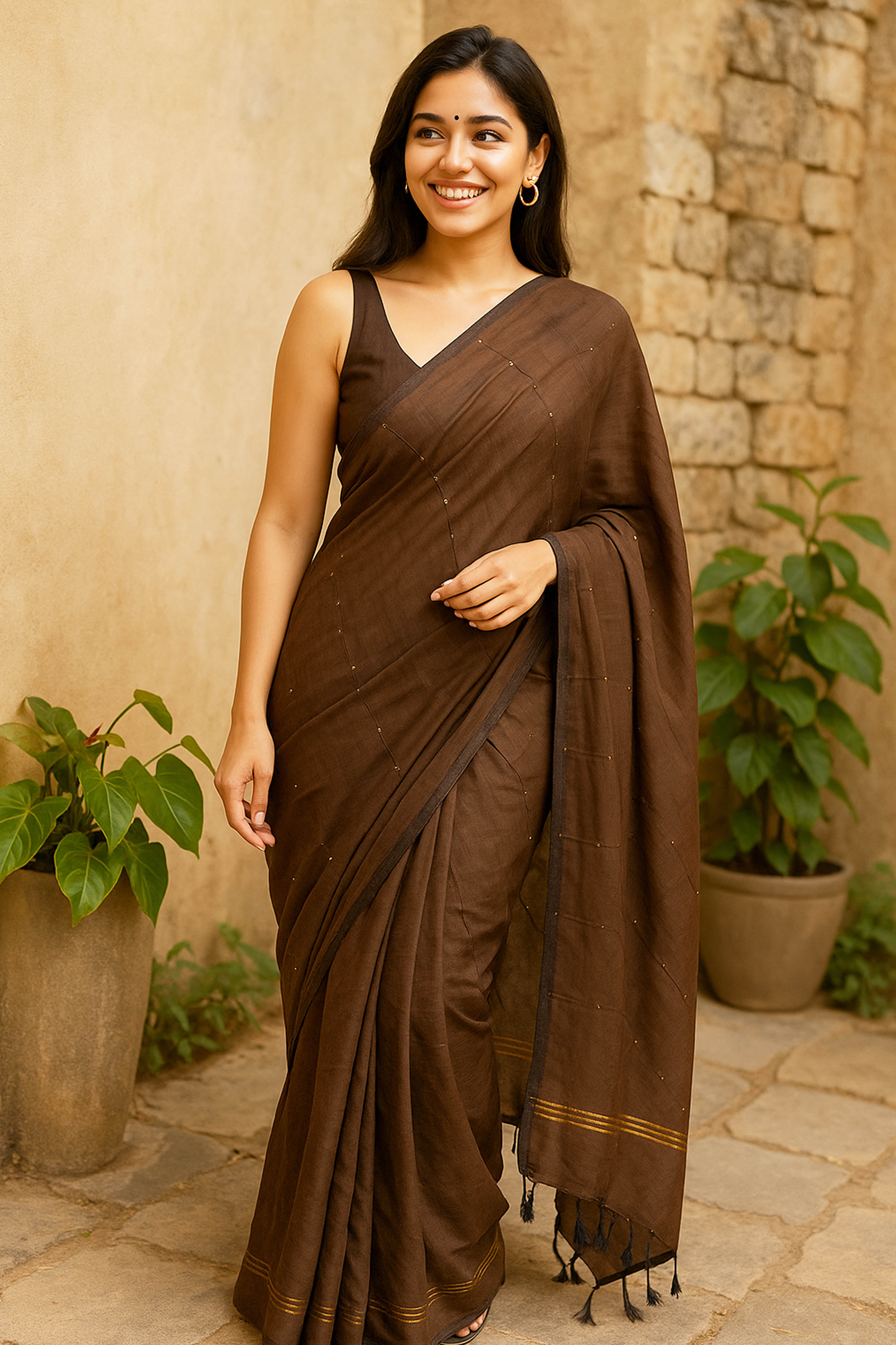 Cotton Brown Saree with Sequins - Indian Handloomz
