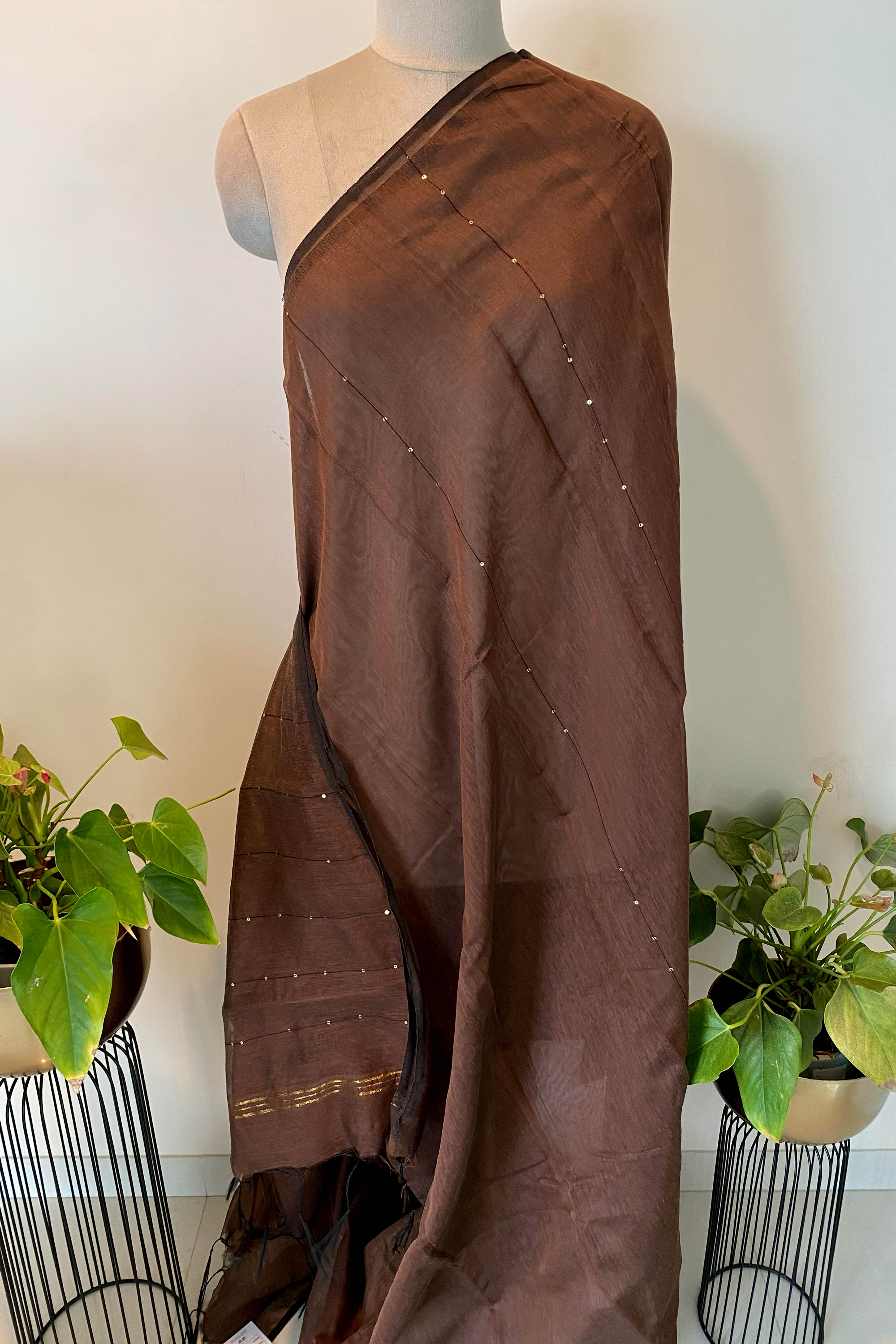 Cotton Brown Saree with Sequins - Indian Handloomz