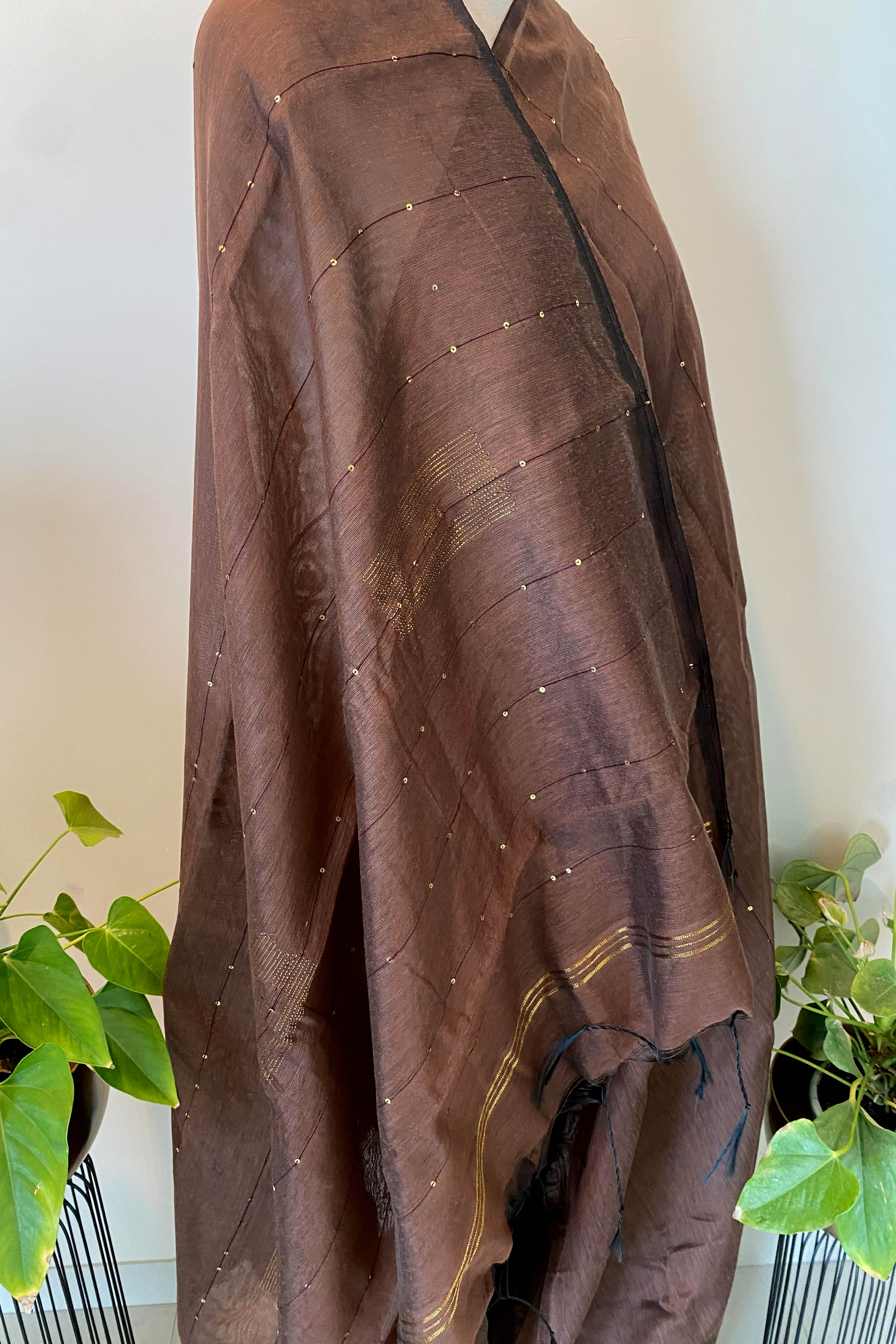 Cotton Brown Saree with Sequins - Indian Handloomz