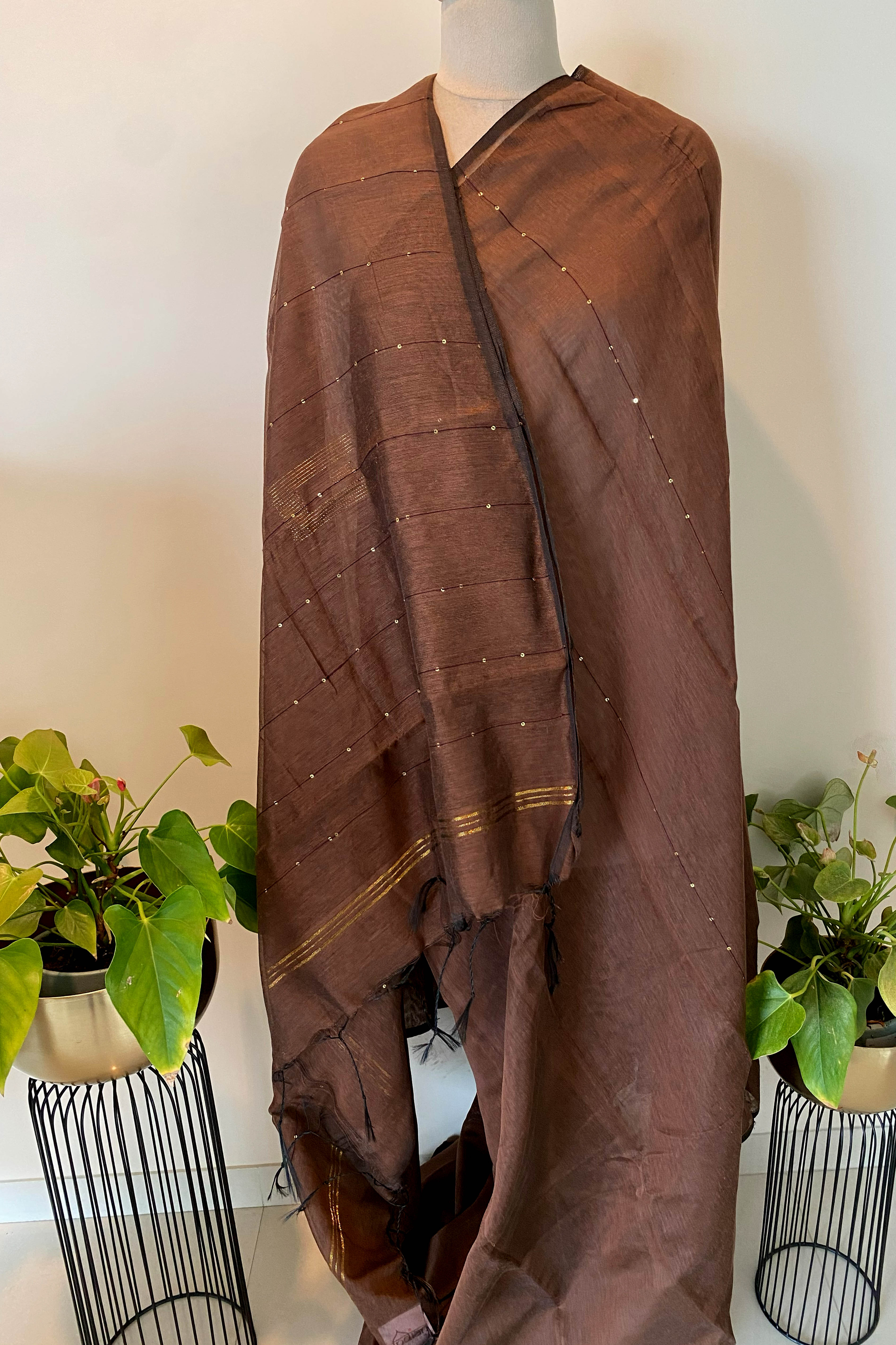 Cotton Brown Saree with Sequins - Indian Handloomz